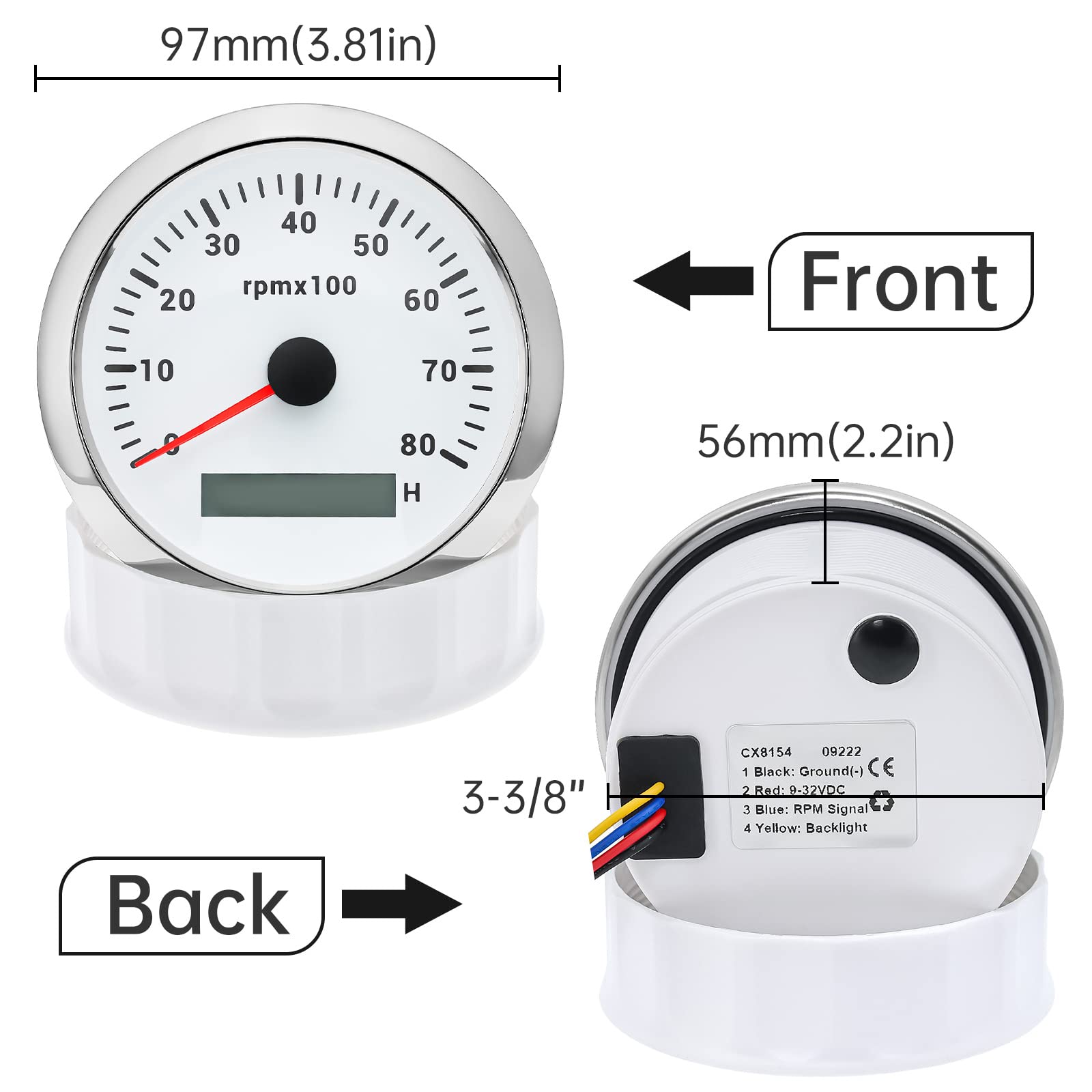 Artilaura Tachometer Boat Tacometro 85Mm 3-3/8'' 7 Color Led 8000 Rpm Gauge For Car Auto Marine Truck 9-32V (White)