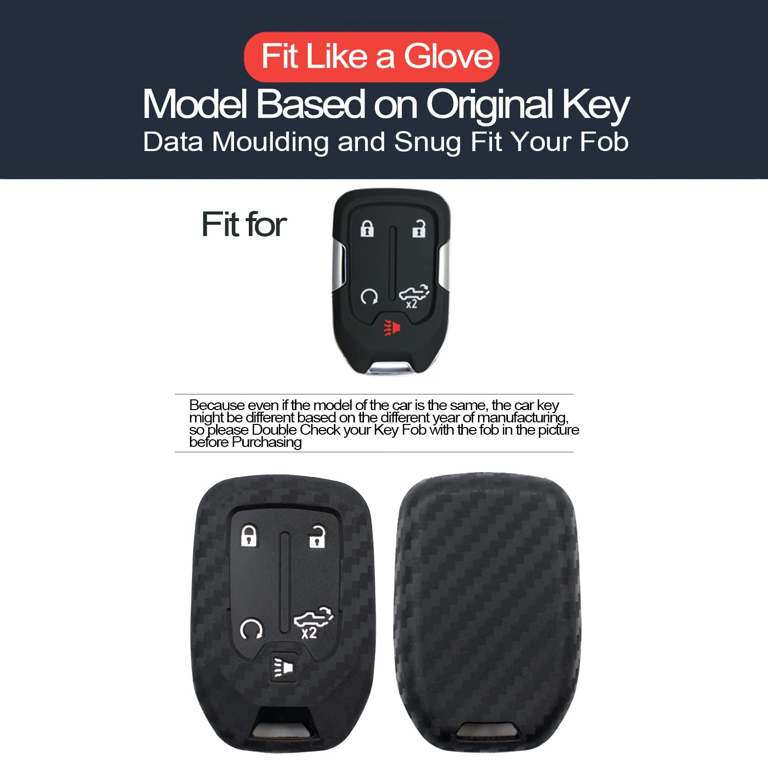 Infipar 2Pcs Compatible With Chevy Chevrolet Silverado Gmc Sierra 1500 2500 Hd 3500 Hd 1500 Limited Silicone Key Fob Case Cover Protector, Truck Accessories Fob Holder (5-Button, Carbon Fiber Black)