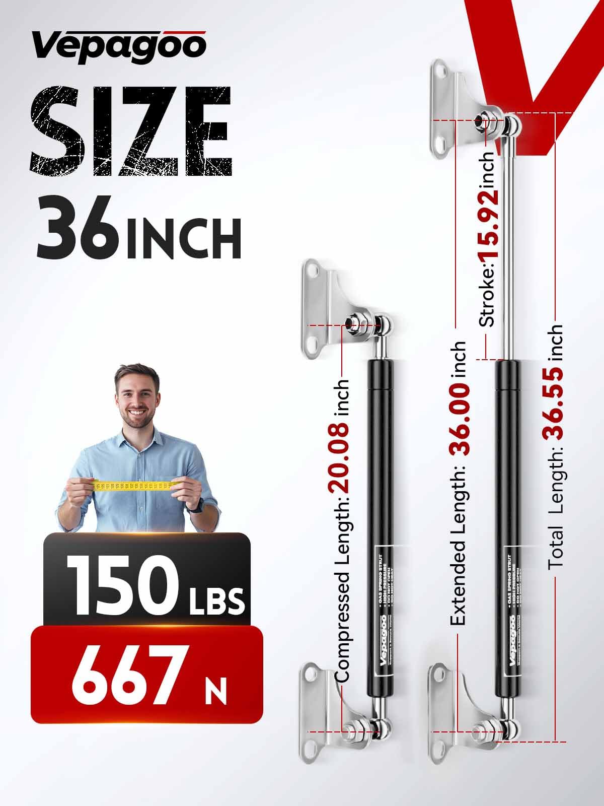 Vepagoo 36 Inch 150Lb/667N Gas Struts Shock Spring With Mounting Brackets, Lift Supports For Rv Bed Heavy-Duty Lid Box Trailer C