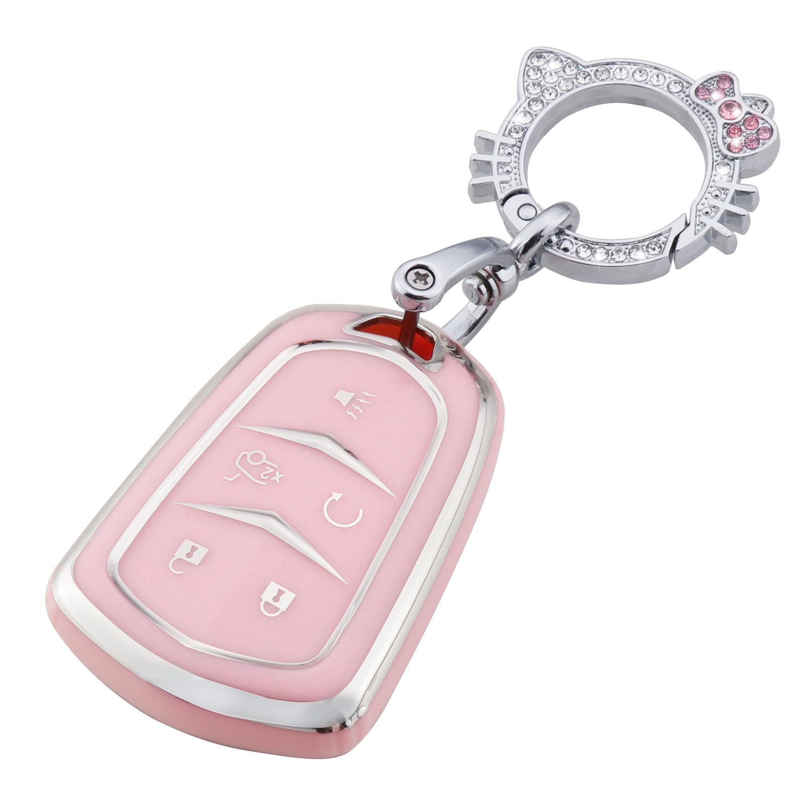Pangpai Pink Key Fob Cover for Cadillac, Soft TPU Key Case Protection with Bling Keychain Fit for Cadillac Escalade CTS SRX XT5 