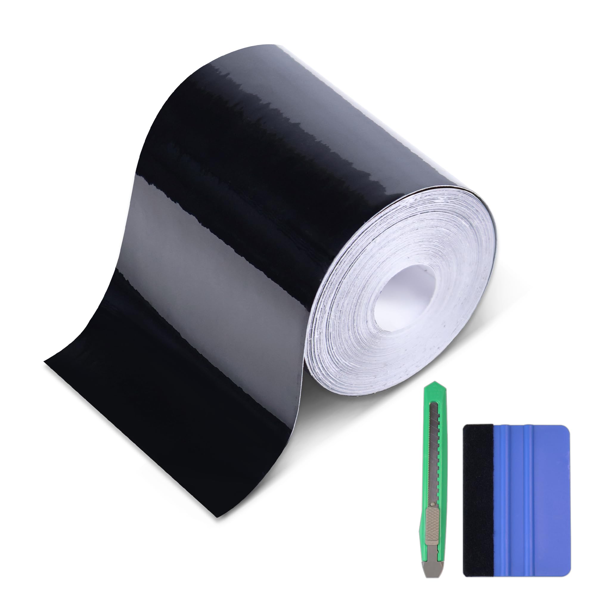 Lypumso High Gloss Black Vinyl Wrap Tape, 3 Inch X 30Ft Self-Adhesive Universal Chrome Black Detailing Tape With Tool, Anti-Scra