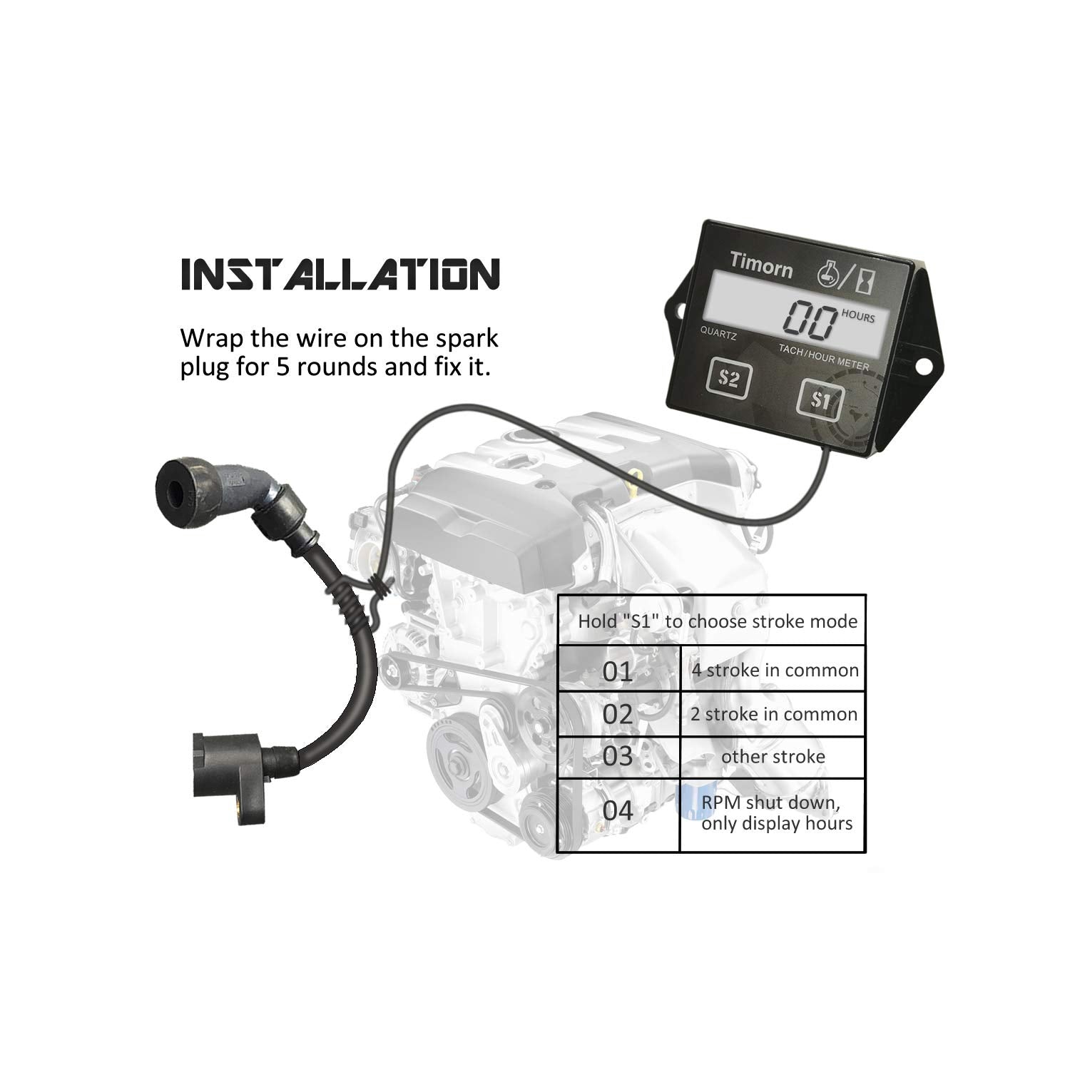 Tachometer for Small Engine,Inductive Hour Meter for 2 Stroke & 4 Stroke Small Engine, Timorn Replaceable Battery Waterproof Tachometer for Chainsaw Marine ATV Motorcycle UTV Engine (Black)