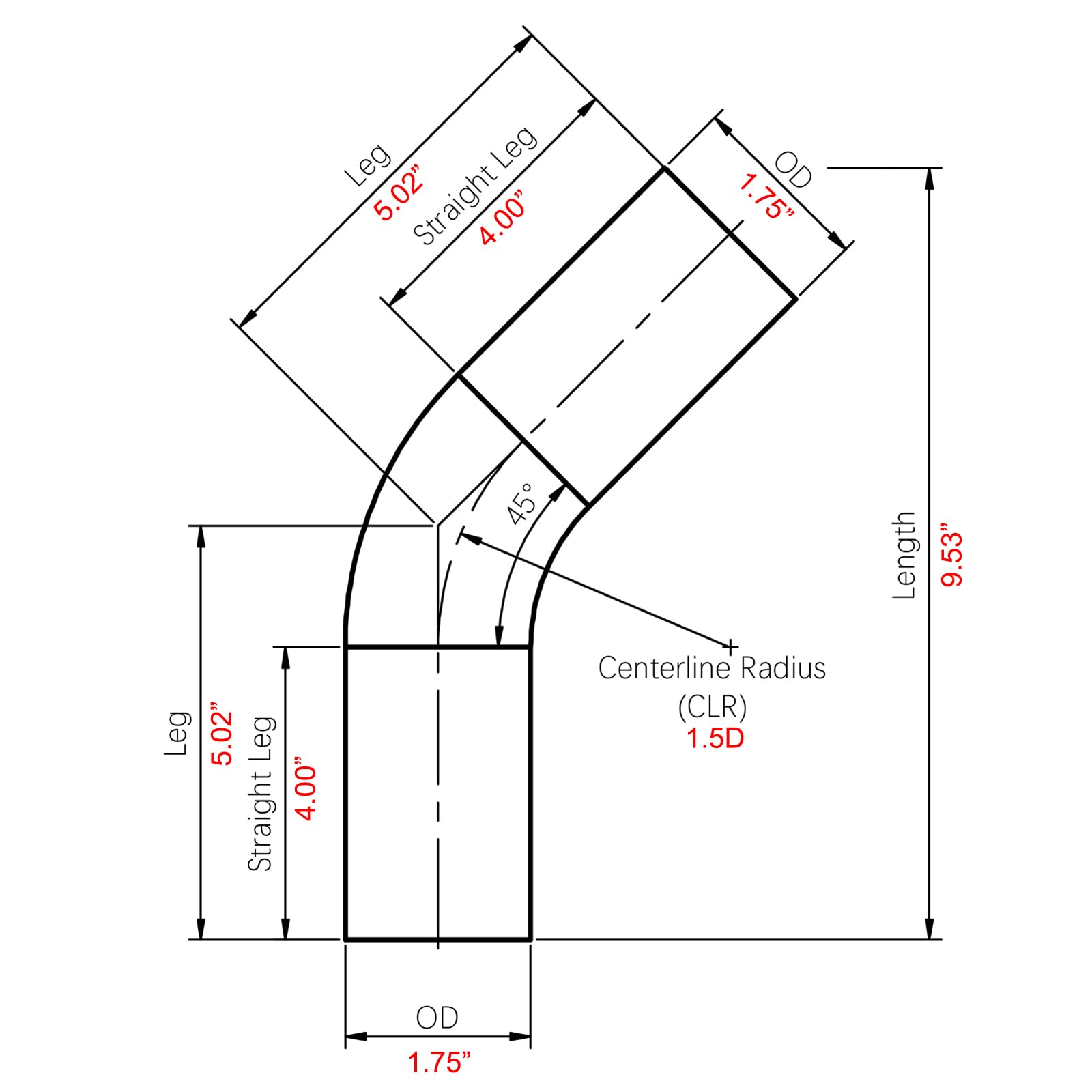 Ac Performance 1.75'' (45Mm) Od 45 Degree Aluminum Elbow Intercooler Pipe Air Intake Tube, 1.5D Radius, Brushed Finish
