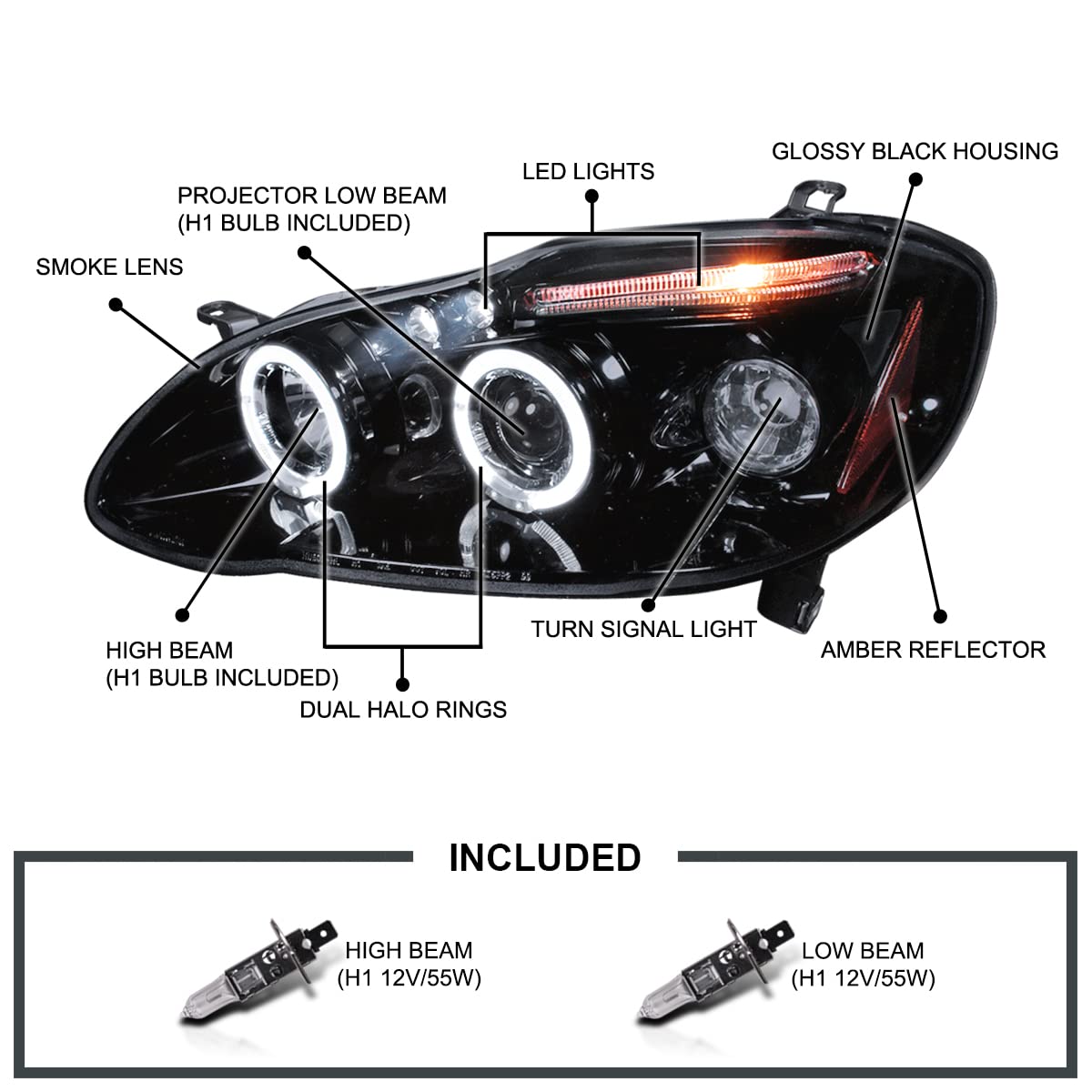 Spec-D Tuning Halo Led Smoke Lens Glossy Black Housing Projector Headlights Compatible With 2003-2008 Toyota Corolla, Left + Rig