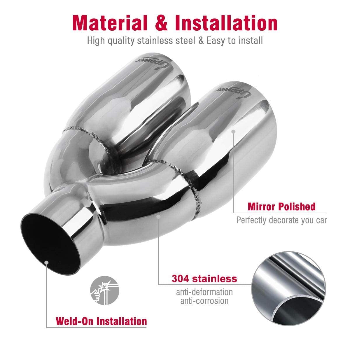 Upower 2.5' To 3.5' Dual Exhaust Tip 2 1/2 Inch Inlet 3 1/2 Inch Outlet 9.5' Length Polished 304 Stainless Exhaust Tailpipe Tips 1.2Mm Thickness Double Wall Slant Edge For Car Truck