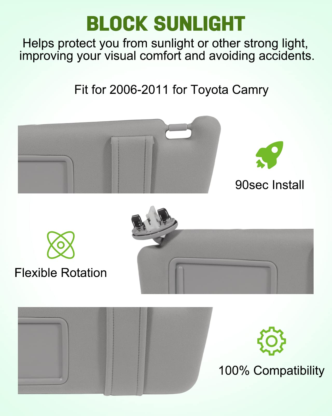 Scitoo Gray Left Driver Side Interior Sun Visor Fit For Toyota For Camry 2006-2011 With Sunroof (Oe:74320-06800-B0,04002-30706-B