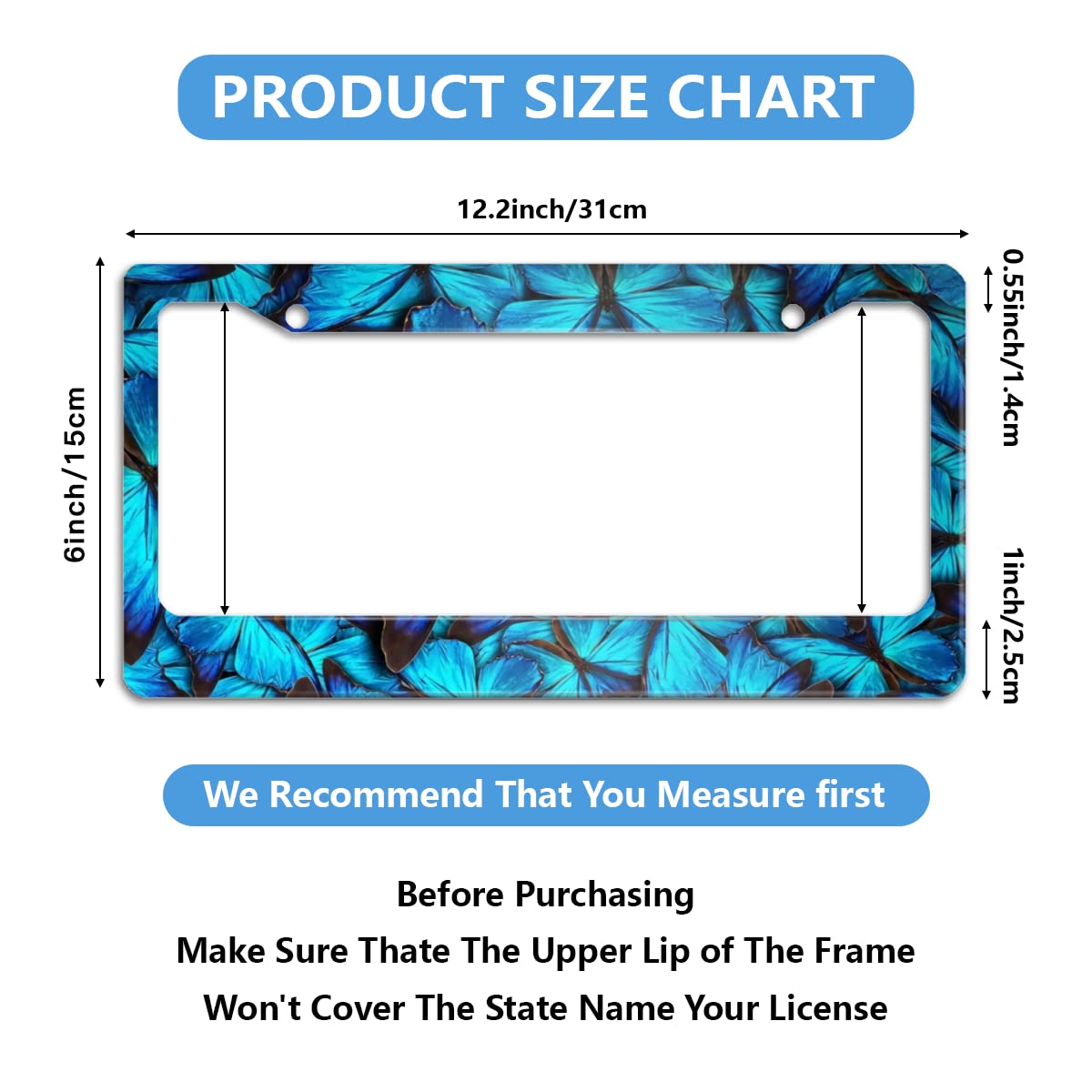 Blue Butterflies License Plate Frame Customized Decorative Frames Stainless Steels Car Tag Holder With 2 Holes And Screws 12 X 6