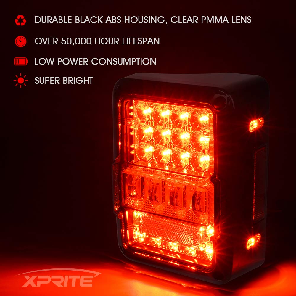 Xprite Led Tail Lights Compatible With Jeep Wrangler Jk Jku Rubicon Sahara Sport 07-18, 4D Clear Lens, Brake Turn Signal/Reverse