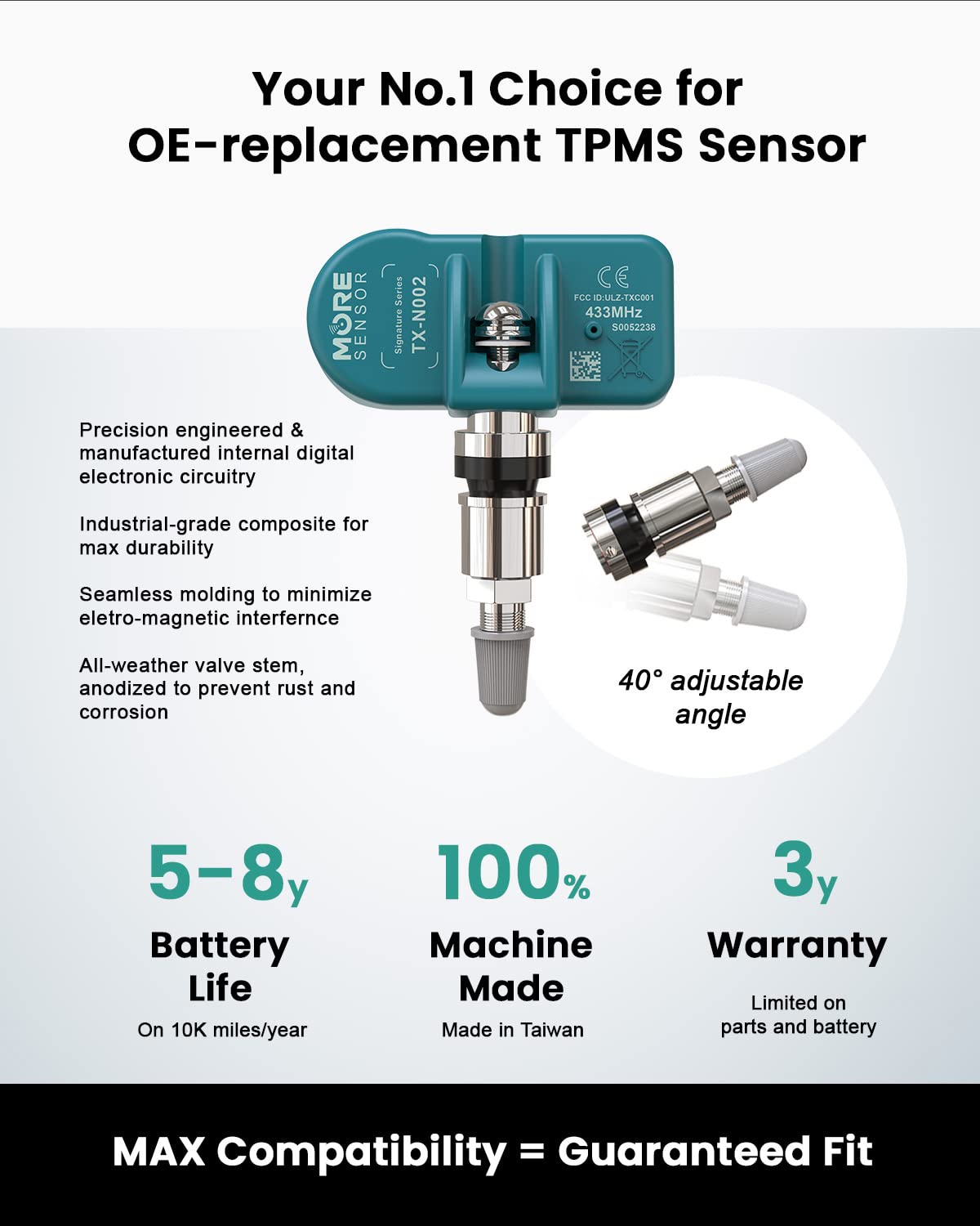 Moresensor Signature Series 433Mhz Tpms Tire Pressure Sensor 4-Pack | Preprogrammed For Select 850+ European/American Brand Mode