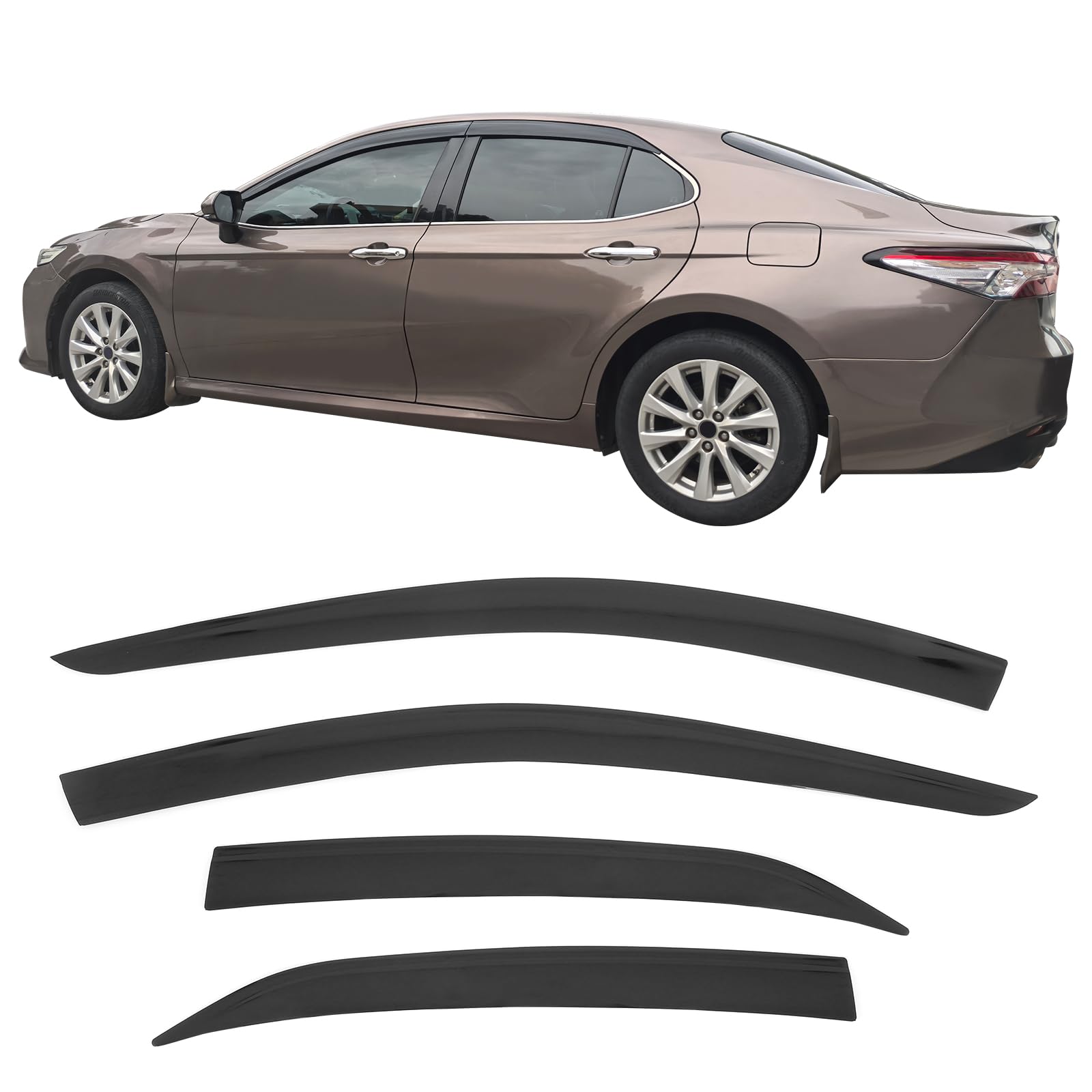 Ikon Motorsports Tape On Low Profile Window Visors Compatible With 2018-2024 Toyota Camry, Acrylic Smoke/Tinted Rain Guards, Sid