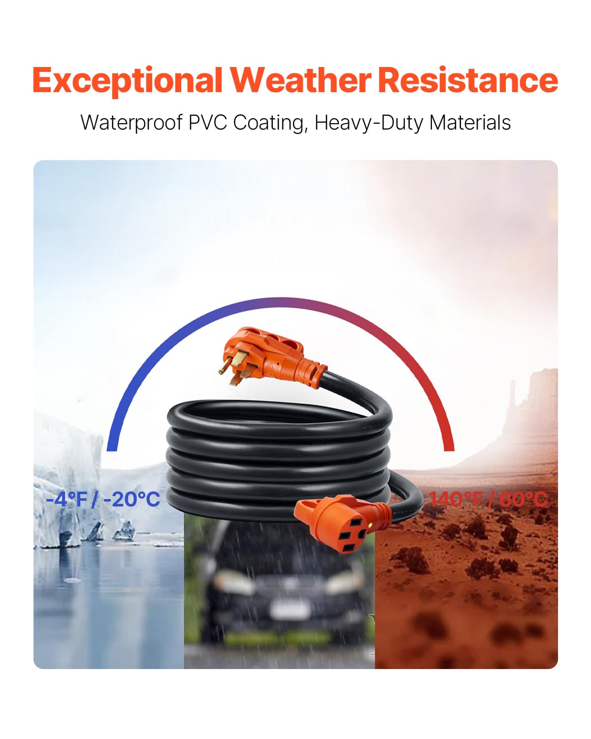 Vevor 50 Amp Rv Extension Cord 50 Feet, Heavy Duty Stw 6/3+8/1 Awg Power Cord Nema 14-50P To 14-50R, With 15A Adapter, Led Power