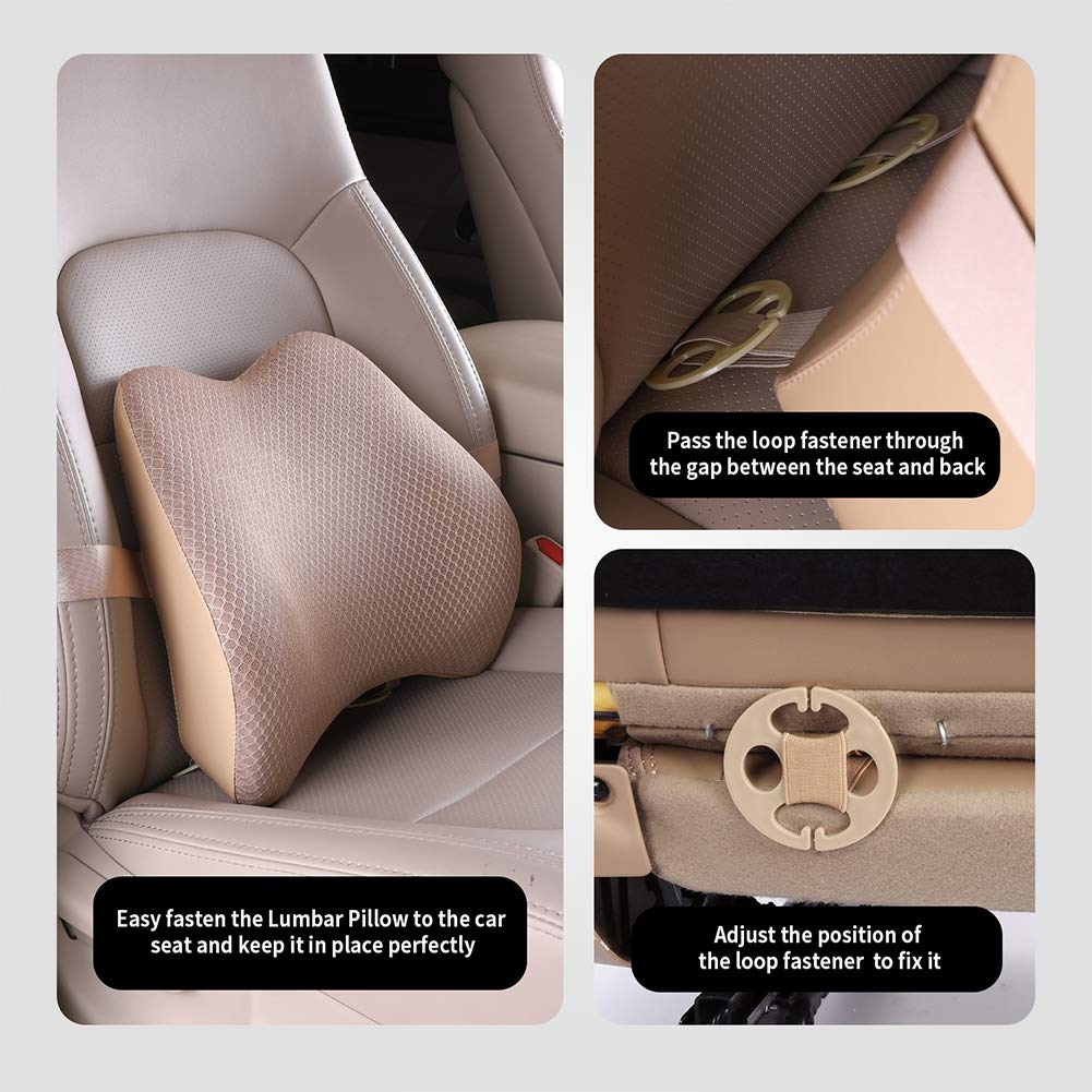 Tishijie Memory Foam Lumbar Support Pillow For Car - Back Support For Car Seat (Beige)