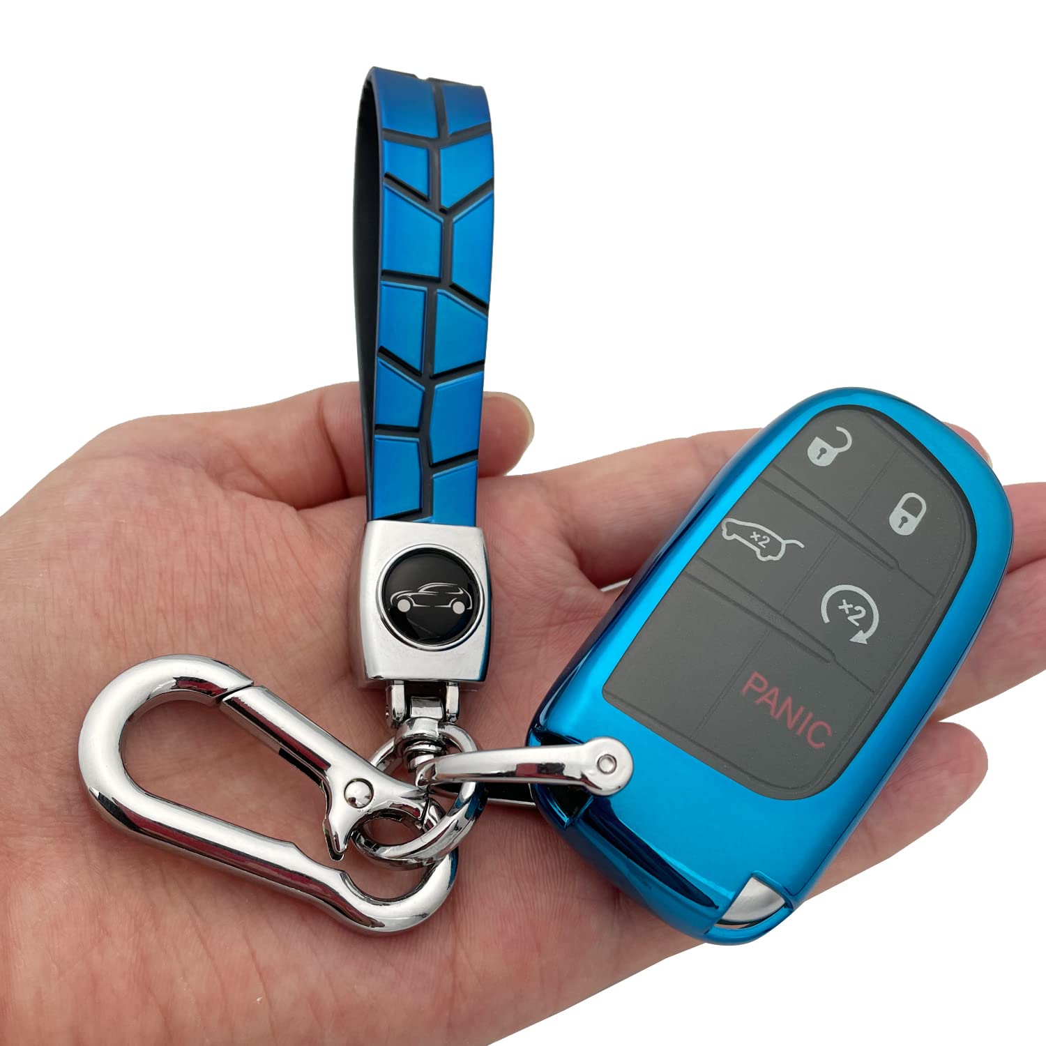 Tandrive Key Fob Cover Compatible With 2025 2024-2015 Jeep Compass Dodge Durango Cherokee Grand Cherokee Renegade Challenger Charger Ram Chrysler 300(3 4 5-Button, Blue)