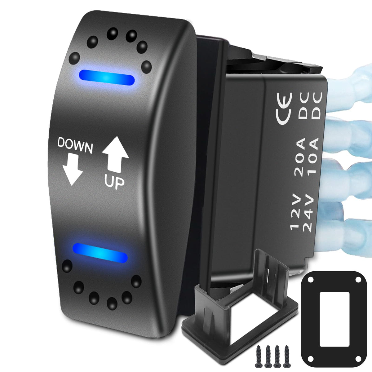 Recoil Las2 Dpdt 20A 12V Dc Motor Polarity Reversing Momentary Rocker Switch With Pigtail Wire Actuator Up/Down Blue Led With Aluminum Plate Adaptor And Carling Switch Adaptor For New Polaris Cutout