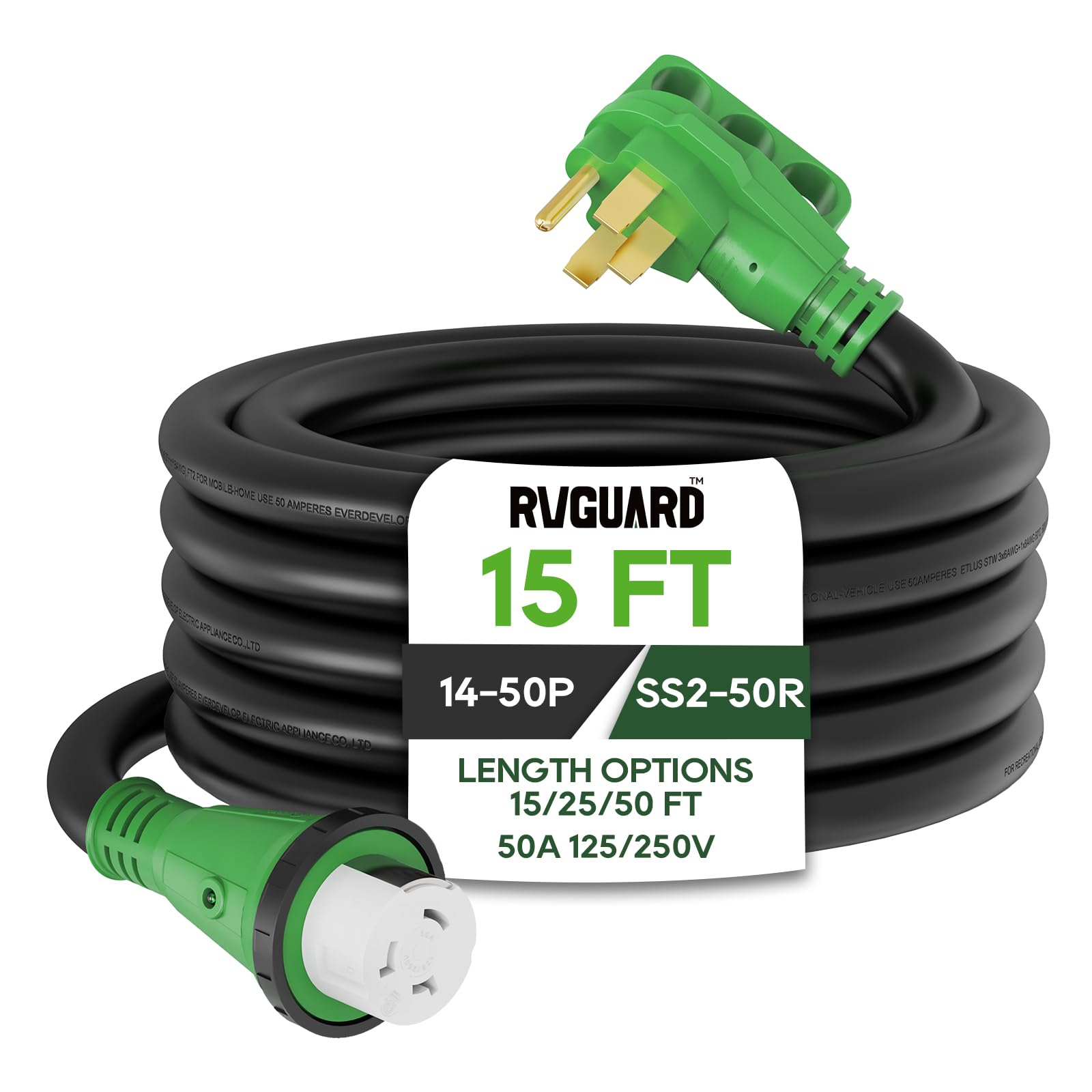 Rvguard 50 Amp 15 Foot Rv Power Cord, 14-50P To Ss2-50R Generator Extension Cord, Heavy Duty Stw Cord With Led Power Indicator A