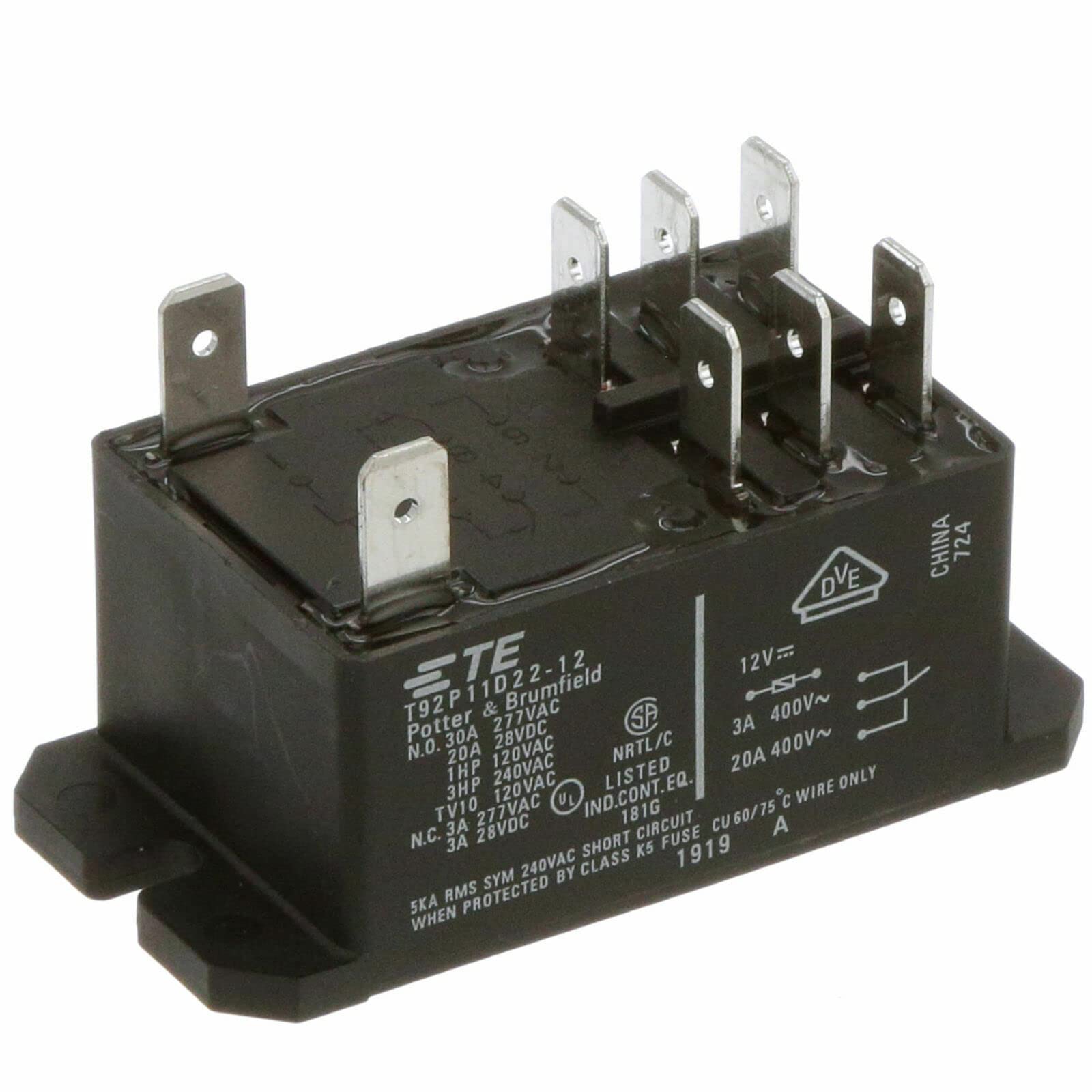 Potter & Brumfield T92P11D22-12 Power Relay DPDT 12V DC 30A, TE T92S11D22-12
