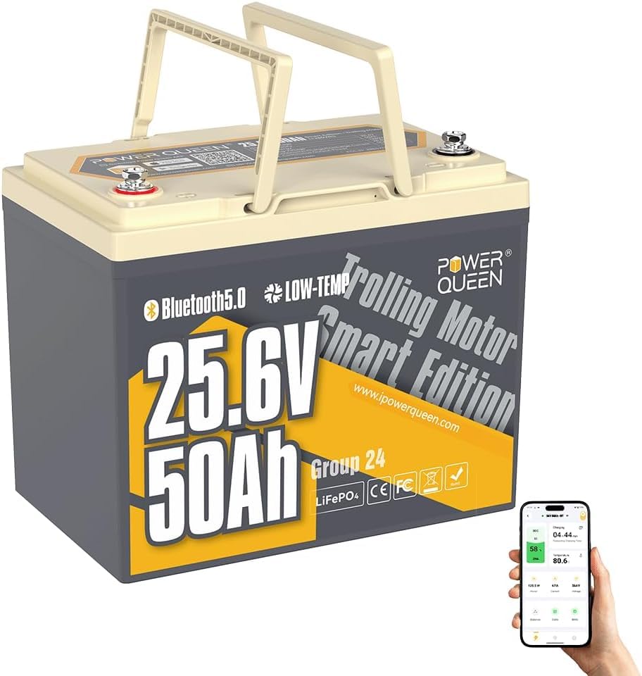 Power Queen 24V 50Ah Bluetooth LiFePO4 Battery, Smart Lithium Battery with Low-Temp Protection,1280Wh Energy & BCI Group 24 for 