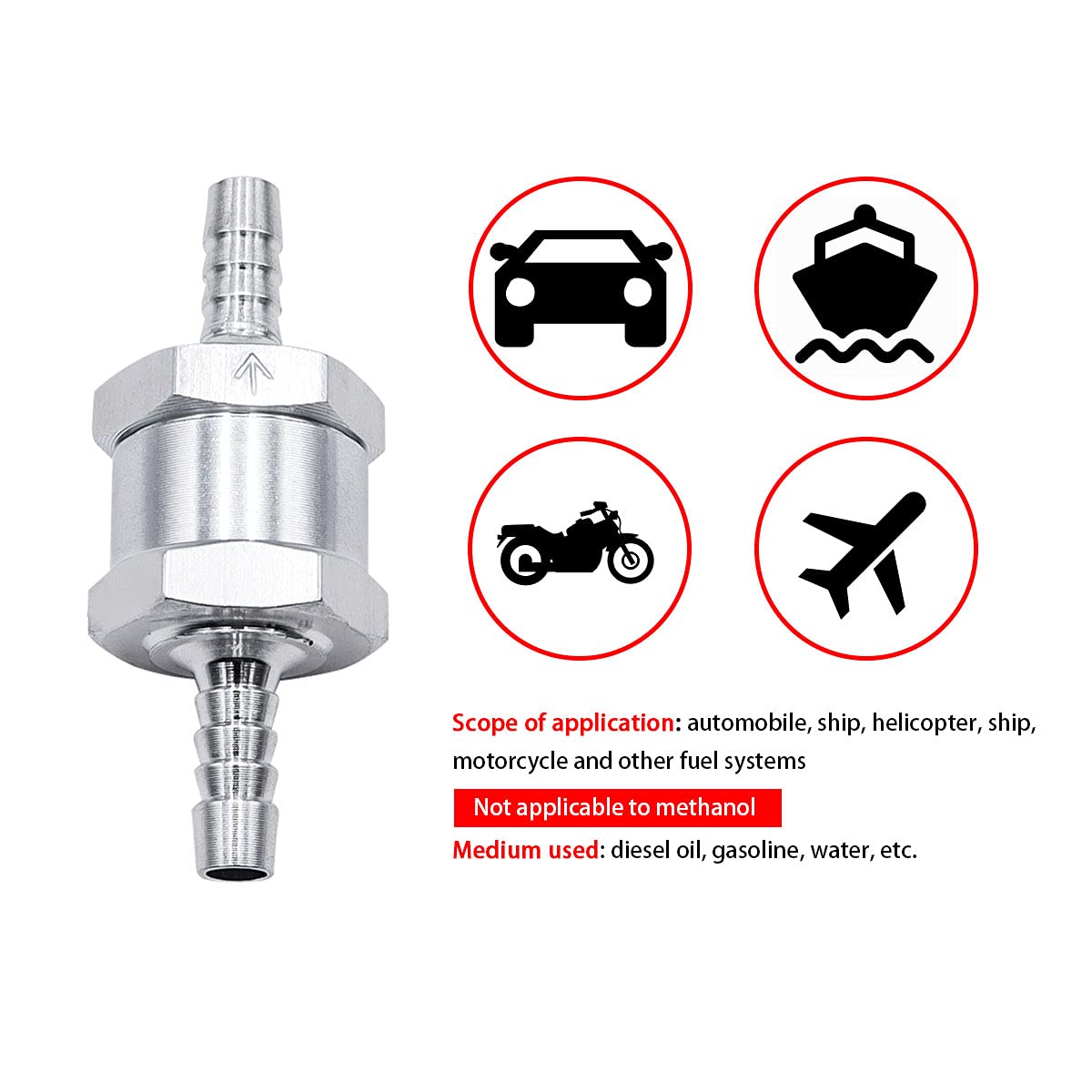 Mxuteuk 2Pcs 1/4 '' 6Mm Aluminium Silver Non Return One Way Check Valve With 4Pcs 6-12Mm Universal Adjustable Hose Clamps For Fu