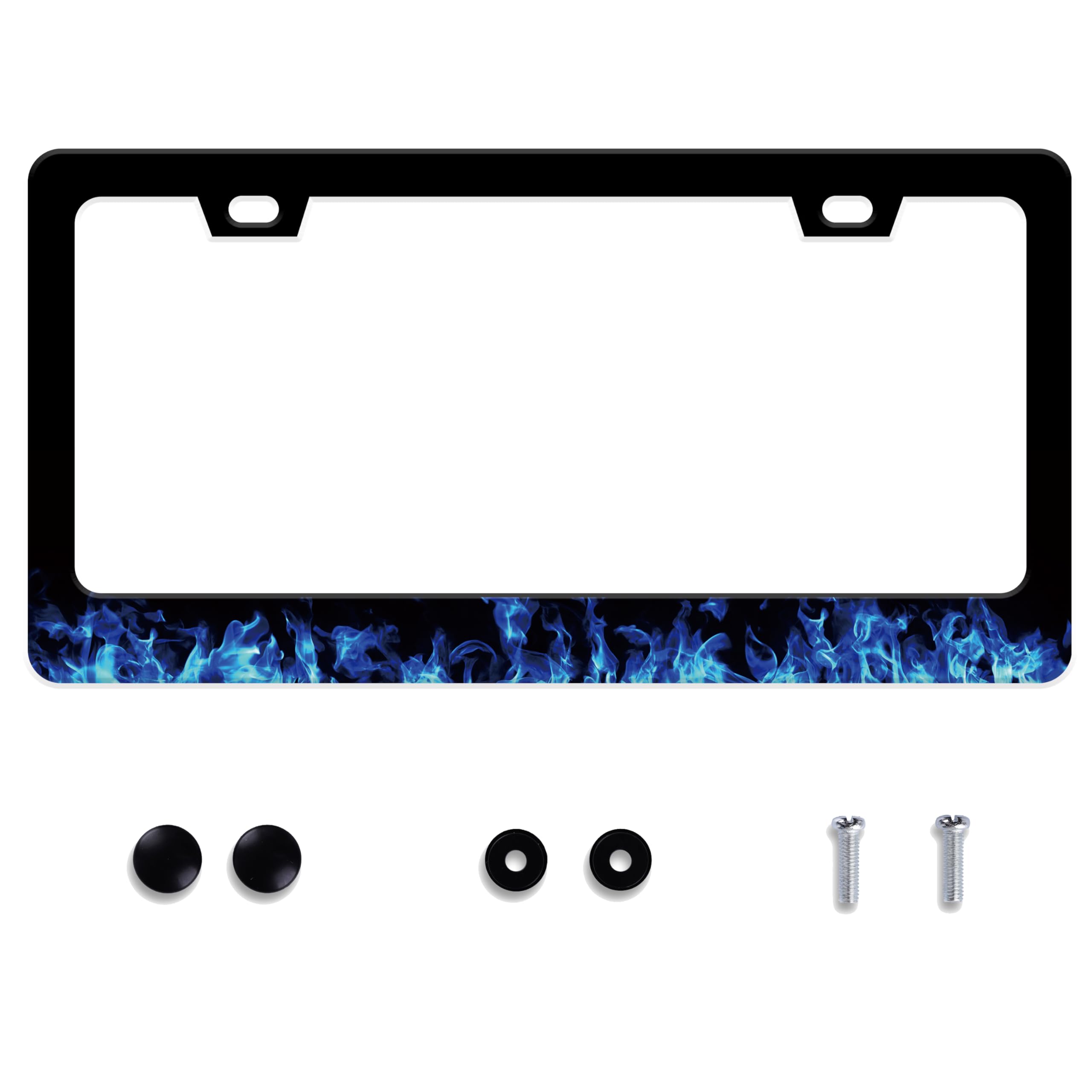 Blue Flame License Plate Frame Fire Combustion Stainless Steel License Plate Frame Auto Parts Decoration with Screws License Pla