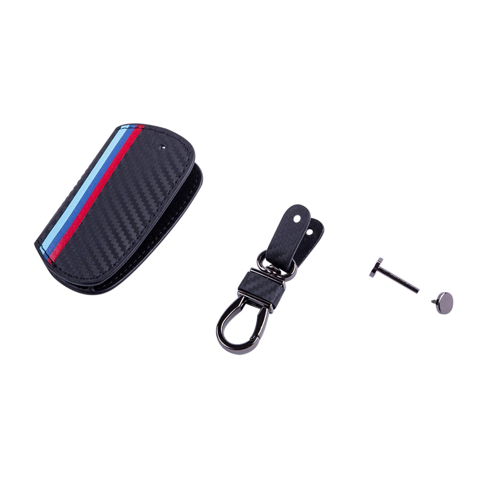 Jkcover Key Fob Holder Protector Compatible With Bmw Remote Fob, M-Colored Stripe Black Carbon Fiber Pattern Leather Key Cover W