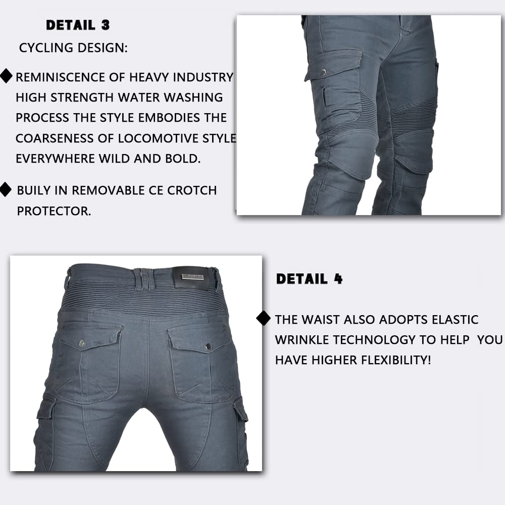 LOMENG Motorcycle Pants Motorbike Riding Denim Jeans Biker Motocross Pants with CE Removable Armored for Men Grey S