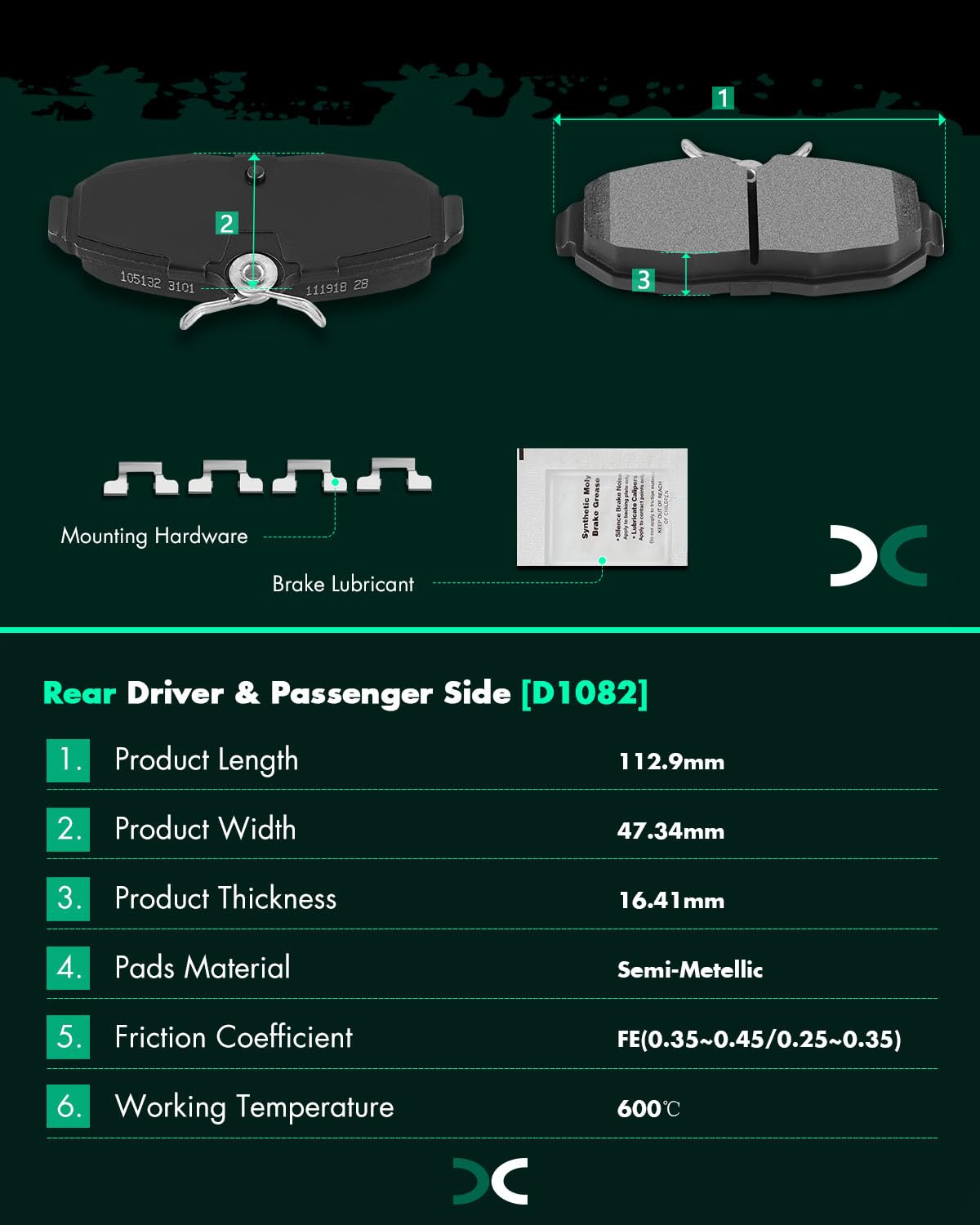 Scitoo D1082 Semi-Metal Brake Pads Kits Rear Replacement For Ford For Mustang 2005-2011