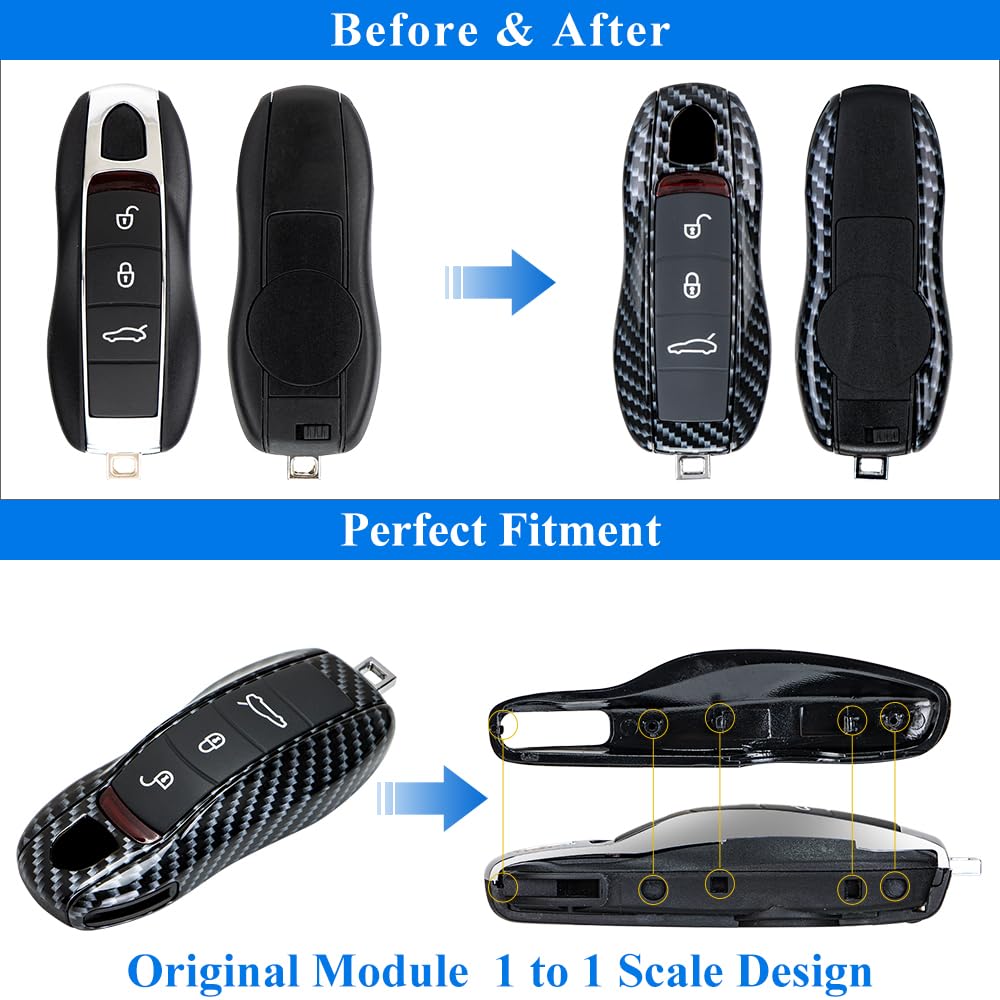 AeroBon 3-Piece Painted Key Cover Key Fob Shell Compatible with Porsche Key Shell Replacement (MK1, Carbon Look)