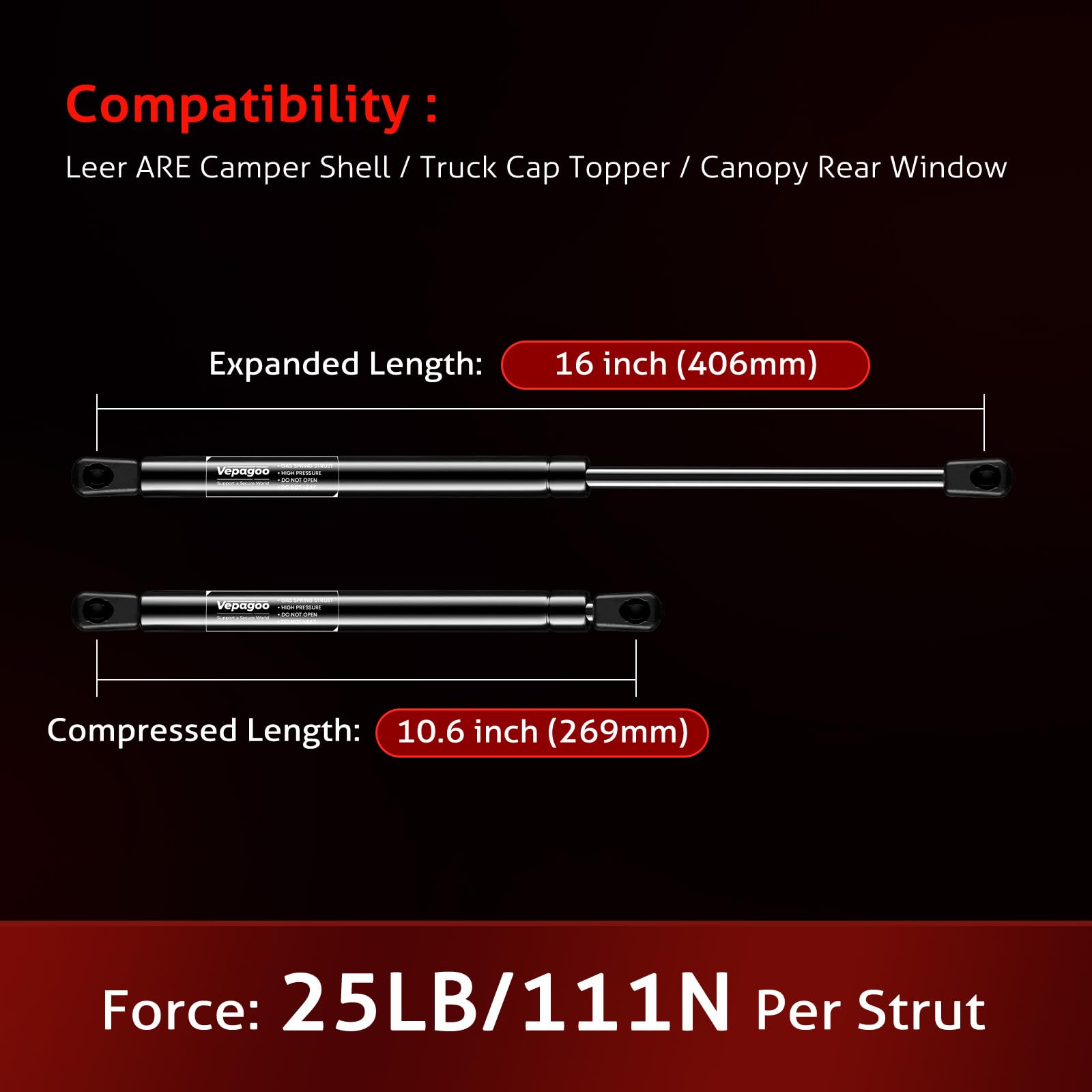 Vepagoo C16-15122 16 Inch 25Lbs/111N Gas Shocks Struts For Leer Are Atc Camper Topper Rear Window Truck Cap Camper Shell Canopy,