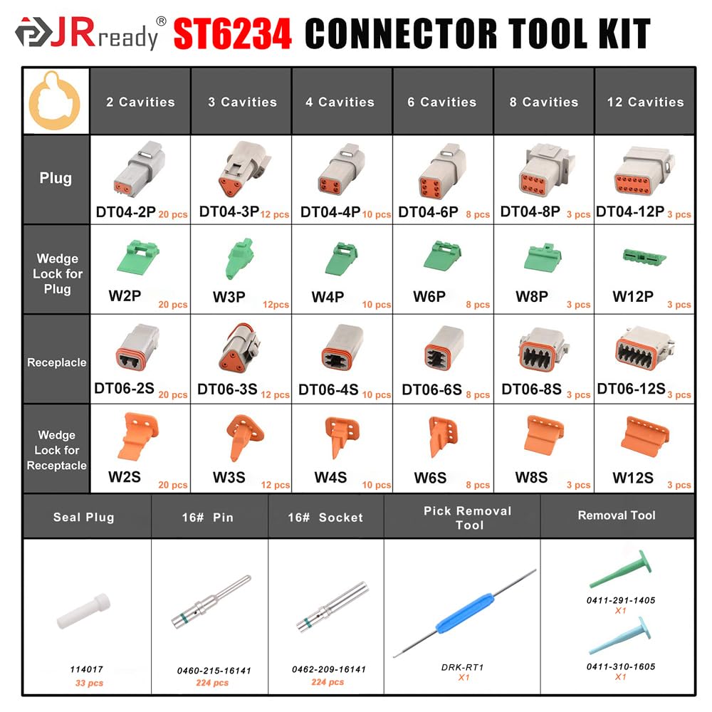 Jrready St6234 Dt Deutsch Connector Kit,2 3 4 6 8 12 Pin Gray Waterproof Ip67 Electrical Connector With Solid Contacts Pick Removal Tool Automotive Repair Accessory Kit