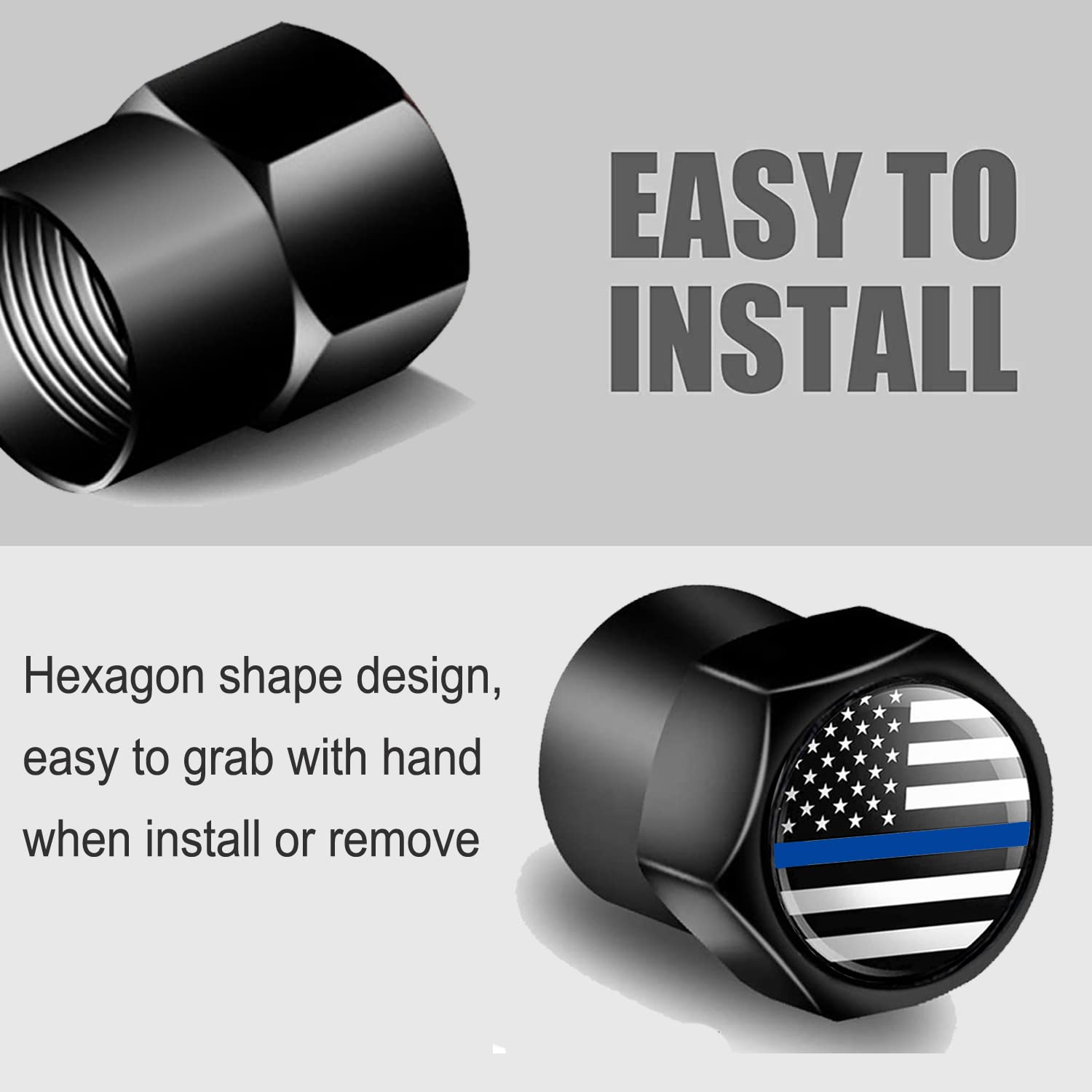 Dsycar 12 Pack Tire Stem Valve Caps Black, Thin Blue Line American Flag Hexagon Shape Design, Premium Metal Aluminum Rubber Seal Tire Valve Stem Caps ,Universal Fit (Mini - Black Blue Usa)