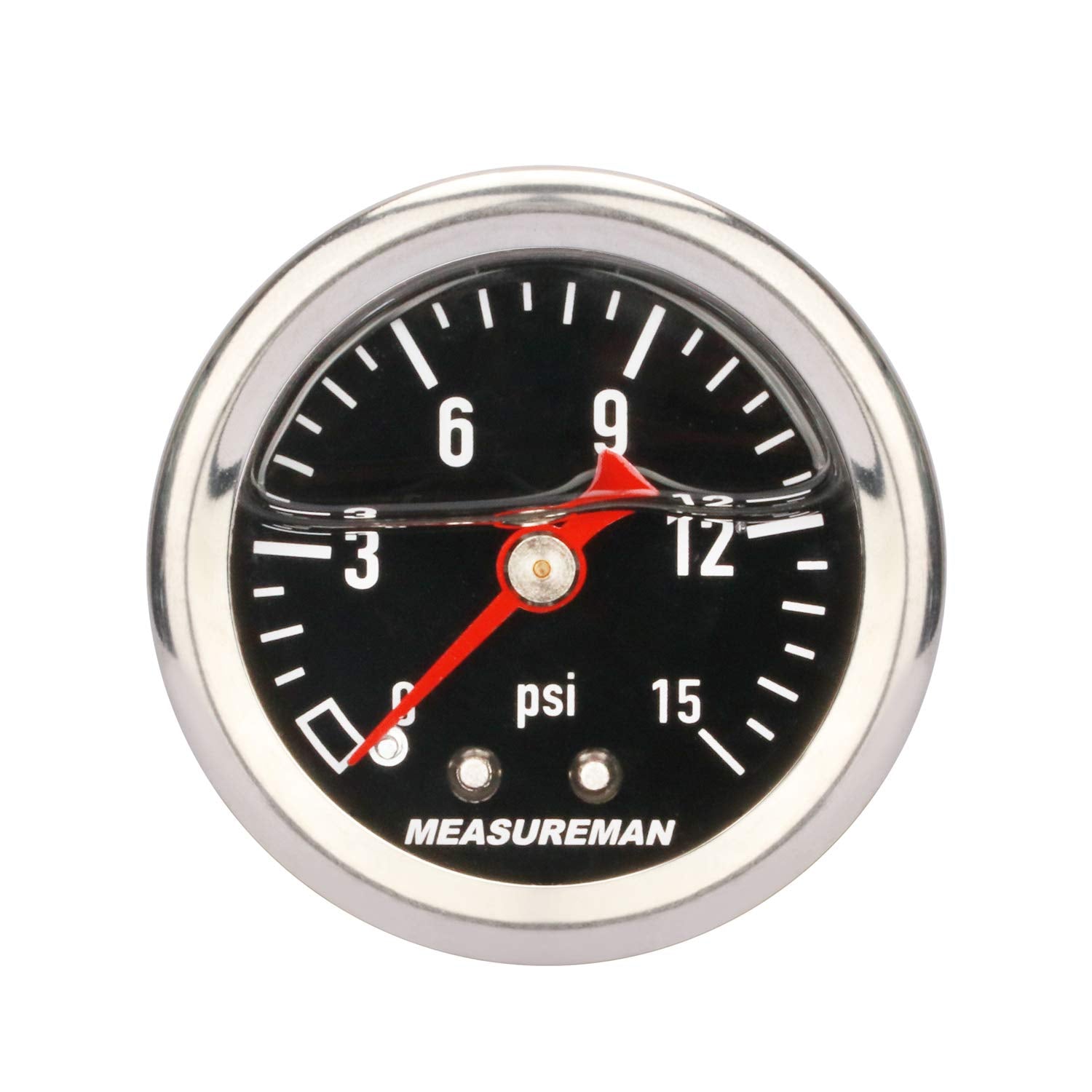 MEASUREMAN 1.5'' Black Dial, 304 Stainless Steel case, Liquid Filled Fuel Pressure Gauge, 0-15Psi, 3-2-3%, 1/8'' NPT Center Back
