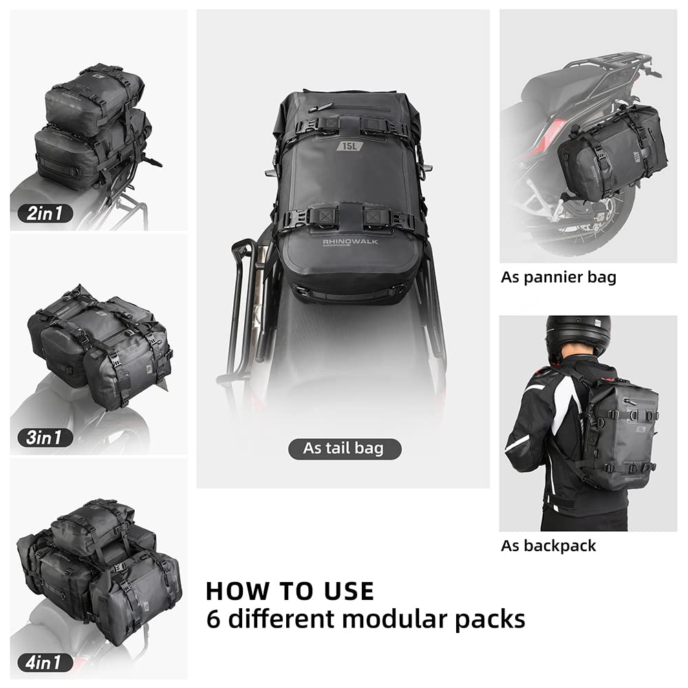 Rhinowalk Motorcycle Tail Bag Motorbike Side Bag 15L Full Waterproof Motor Saddle Pannier Bag Rear Rack Trunk Professional Motor