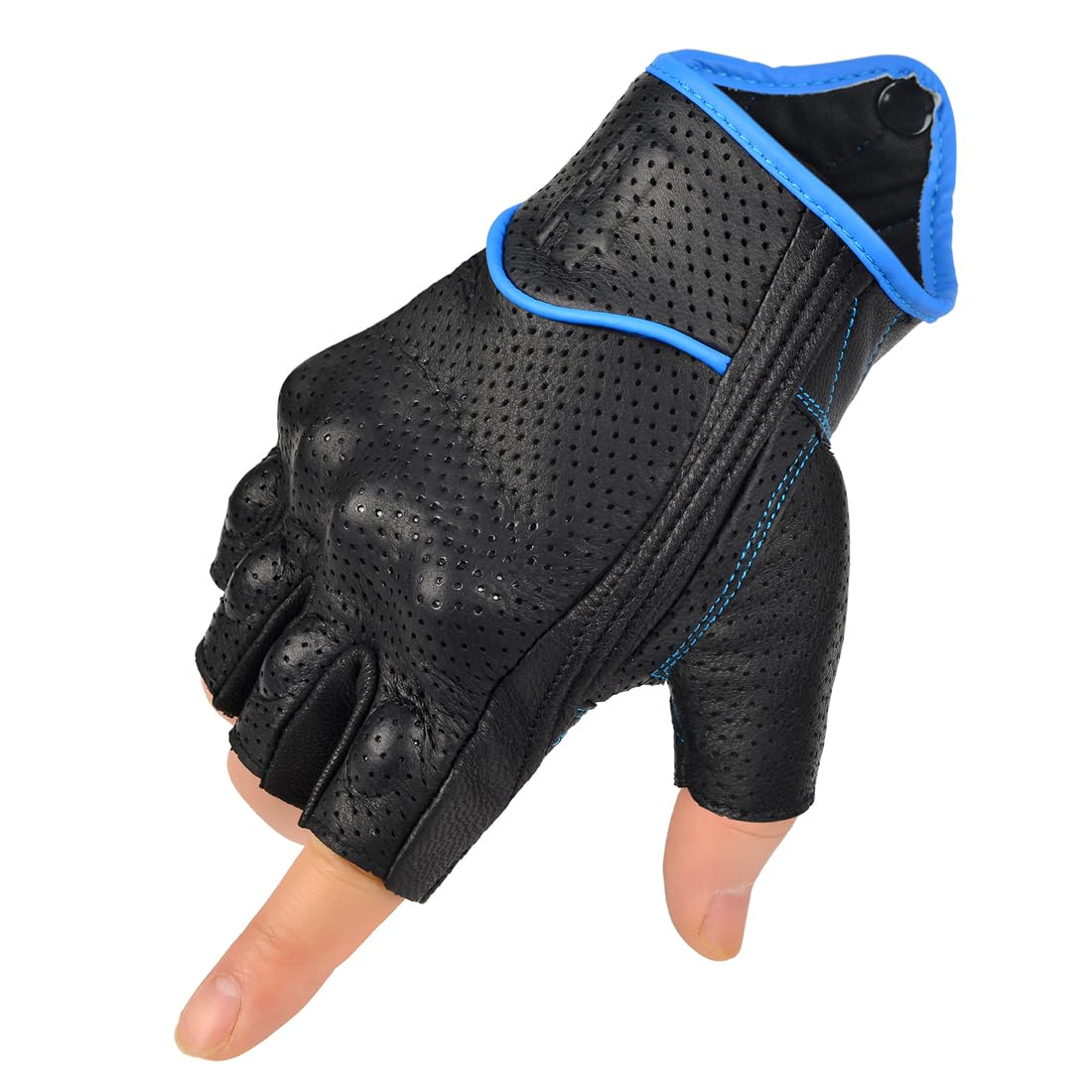 Harssidanzar Men's Motorcycle Gloves Leather Perforated Motorbike Riding Driving Gloves CM044US, Black/Blue, Size Large