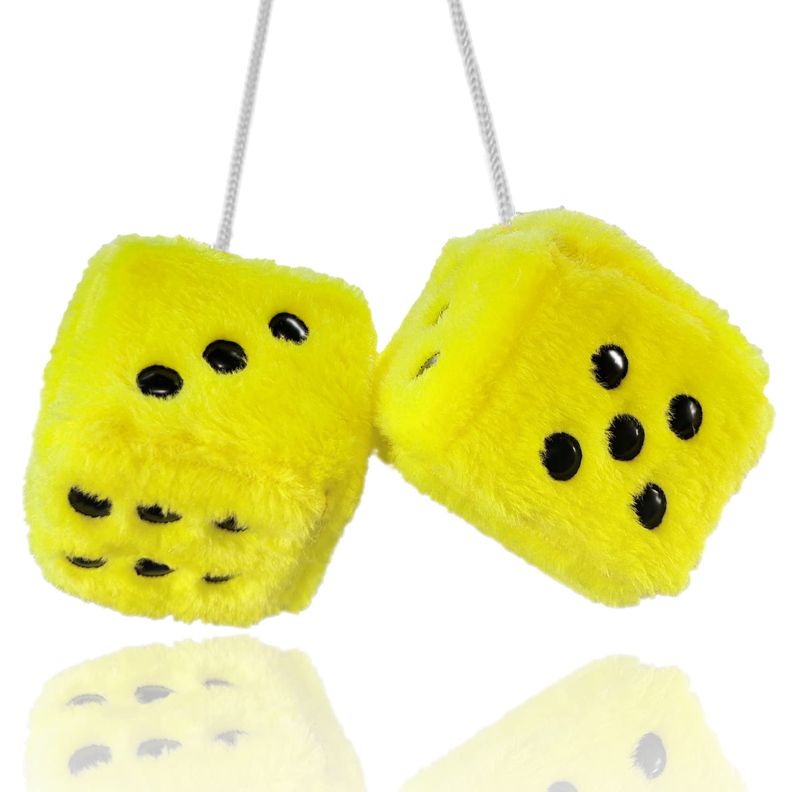 Fuzzy Plush Dice For Car Mirror, Pair Of Retro 3    Yellow Dice With Black Dots For Car Interior Hanging Ornament Decoration