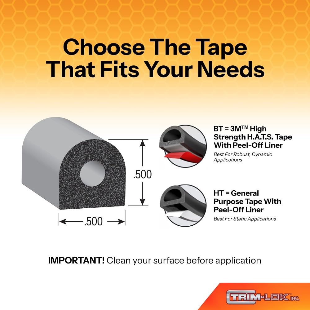 Trim-Lok D-Shaped Rubber Seal - .562    Height.75    Width, 25 Length - Epdm Foam Seal With Ht (General Acrylic) Pressure Sensit