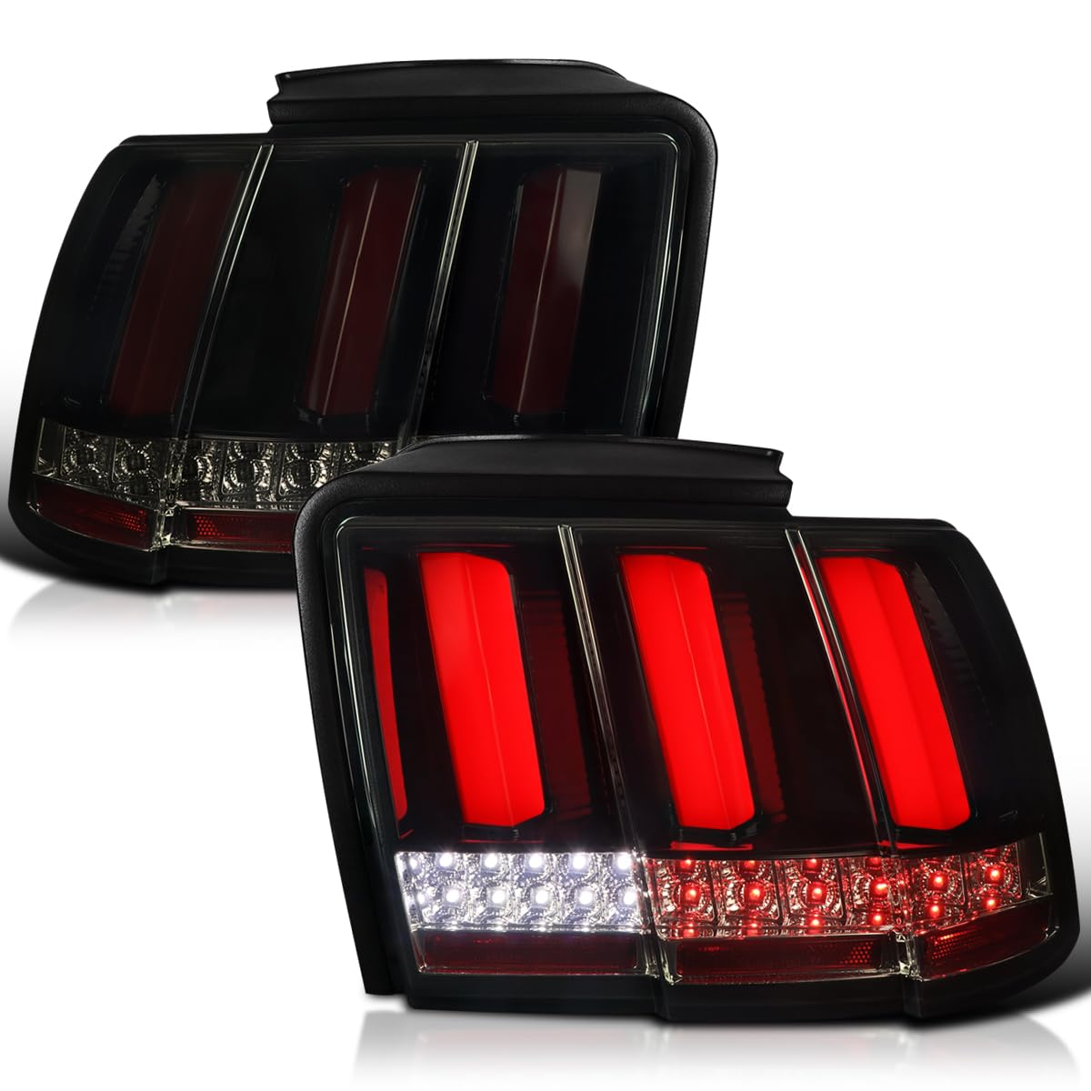 Spec-D Tuning Glossy Black Housing Smoke Lens Sequential Led Bar Tail Lights Compatible With 1999-2004 Ford Mustang, Left + Right Pair Assembly
