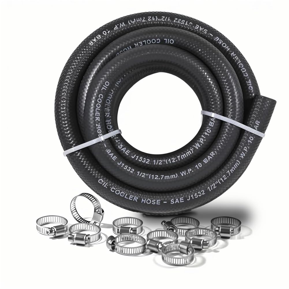 1/2'' Transmission Oil Cooler Hose 10FT - SAE J1532 Certified, 300PSI High Pressure, Includes 10 Clamps for Leak-Free Fit (-40F 