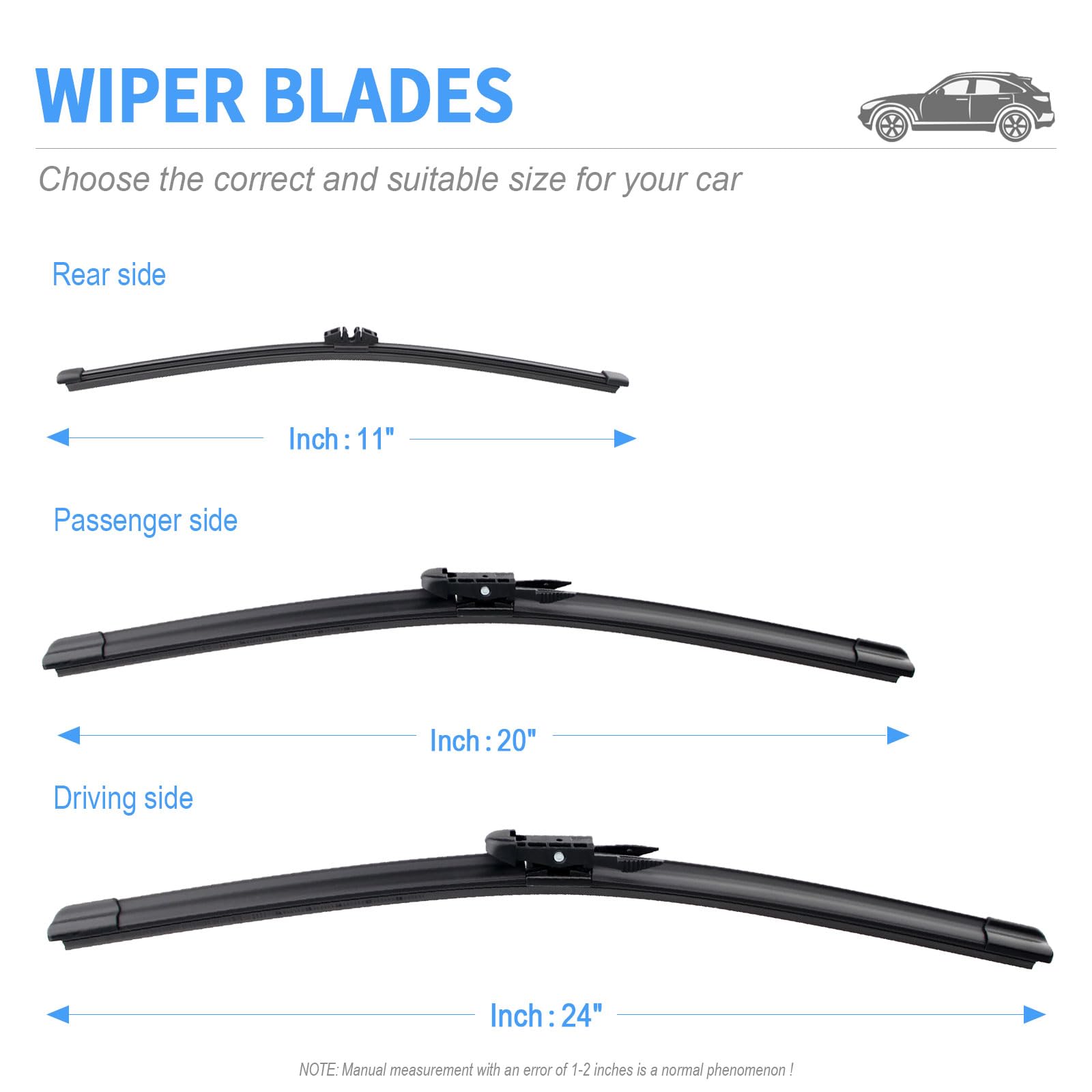 Gavimnal 24''+20''+11'' Silicone Wiper Blades Replacement For Ford Escape 2020-2023,All-Season Front Rear Windshield Wiper Blade