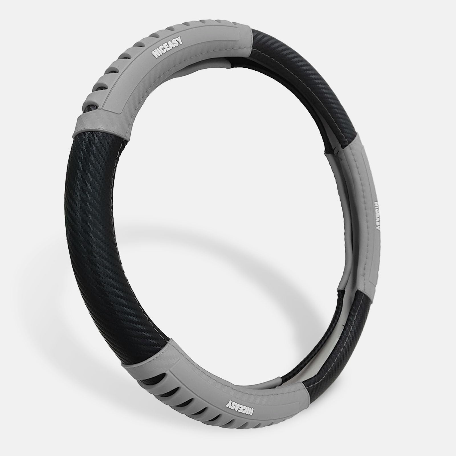 NICEASY Sport Style Black Carbon-Fiber Steering Wheel Cover with Grey Grip Steering Wheel Accessory,Universal Fit 14.75-15 inch