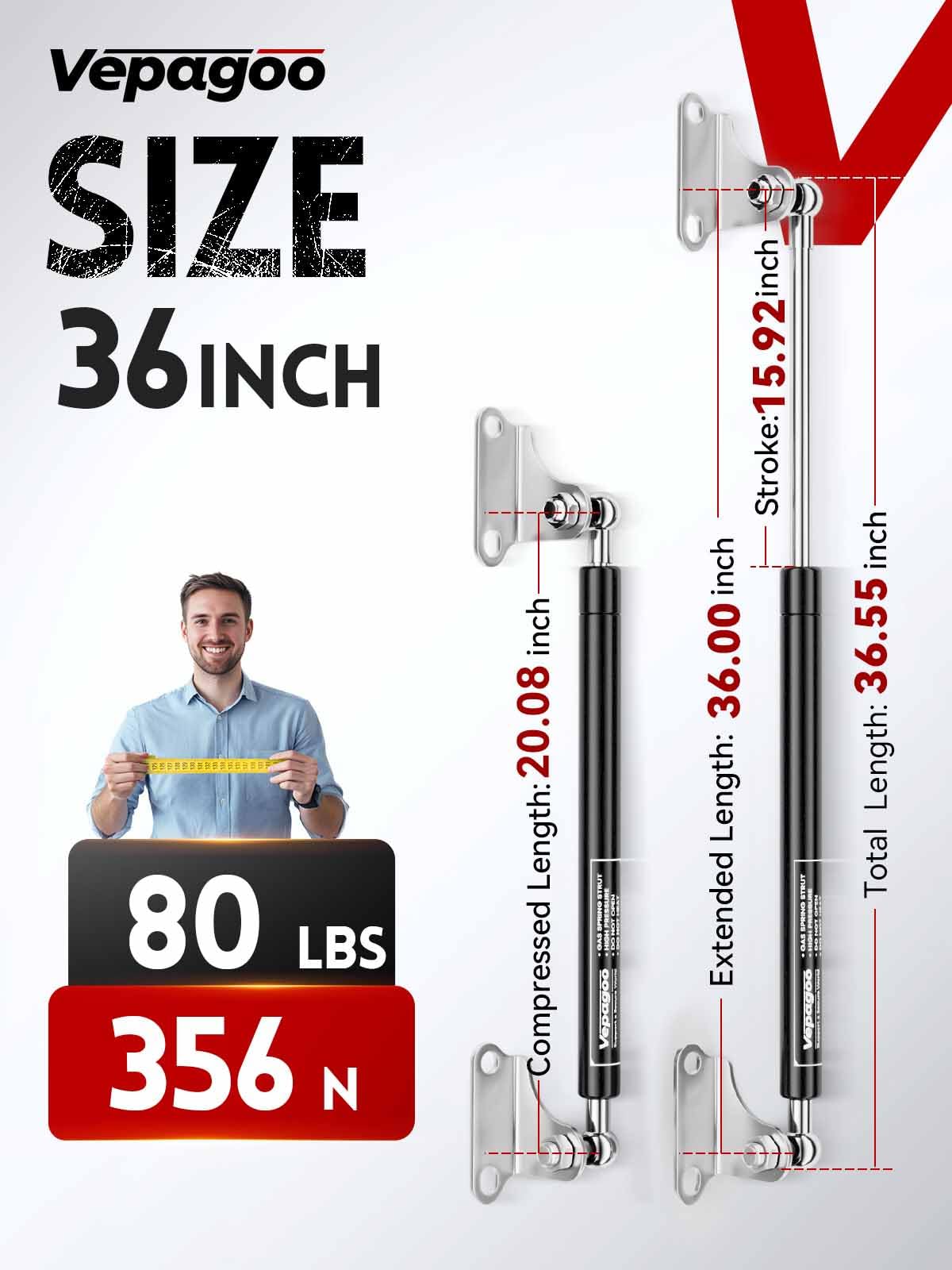 Vepagoo 36 Inch 80Lb/356N Gas Struts Shock Spring With Mounting Brackets, Lift Supports For Rv Bed Heavy-Duty Lid Box Trailer Co