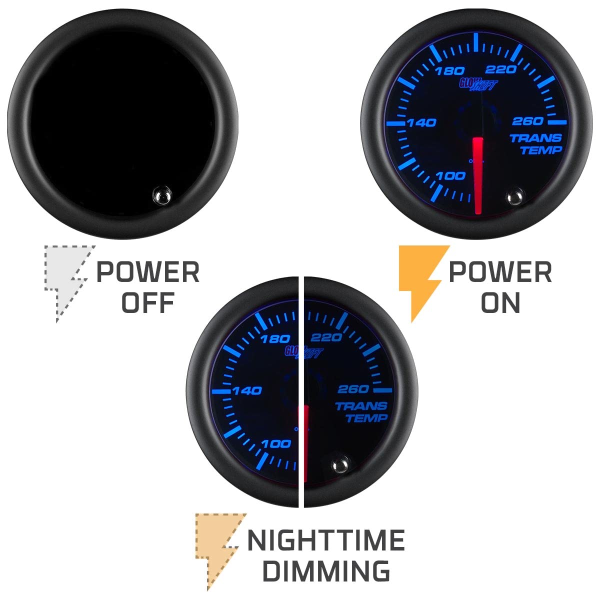 GlowShift Tinted 7 Color 260 F Transmission Temperature Gauge Kit - Includes Electronic Sensor - Black Dial - Smoked Lens - for