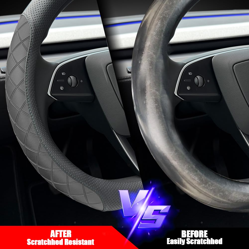 Lkwlikei Leather Steering Wheel Cover. Elegant Diamond Checkered Design, Non-Slip And Breathable, For Tesla Model 3/Y Steering W