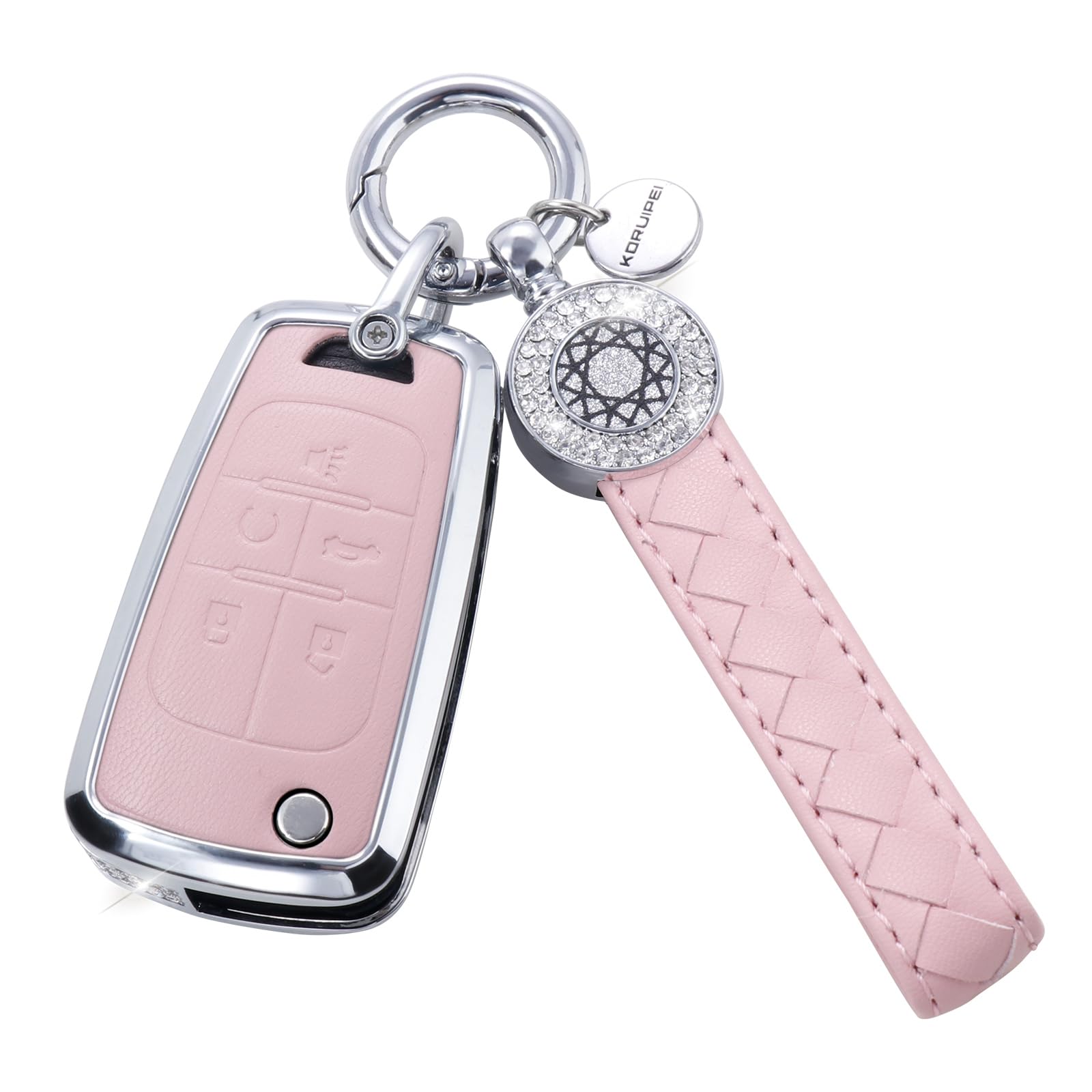 Ruabiban For Chevy Key Fob Cover With Keychain, Pink Leather Crystal Key Case Protection Shell Compatible With Chevrolet Equinox