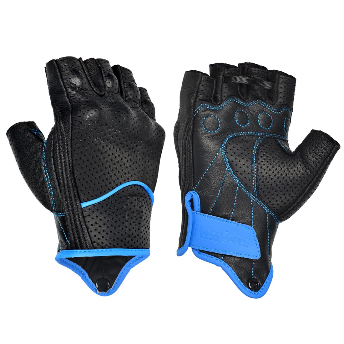 Harssidanzar Men's Motorcycle Gloves Leather Perforated Motorbike Riding Driving Gloves CM044US, Black/Blue, Size Medium