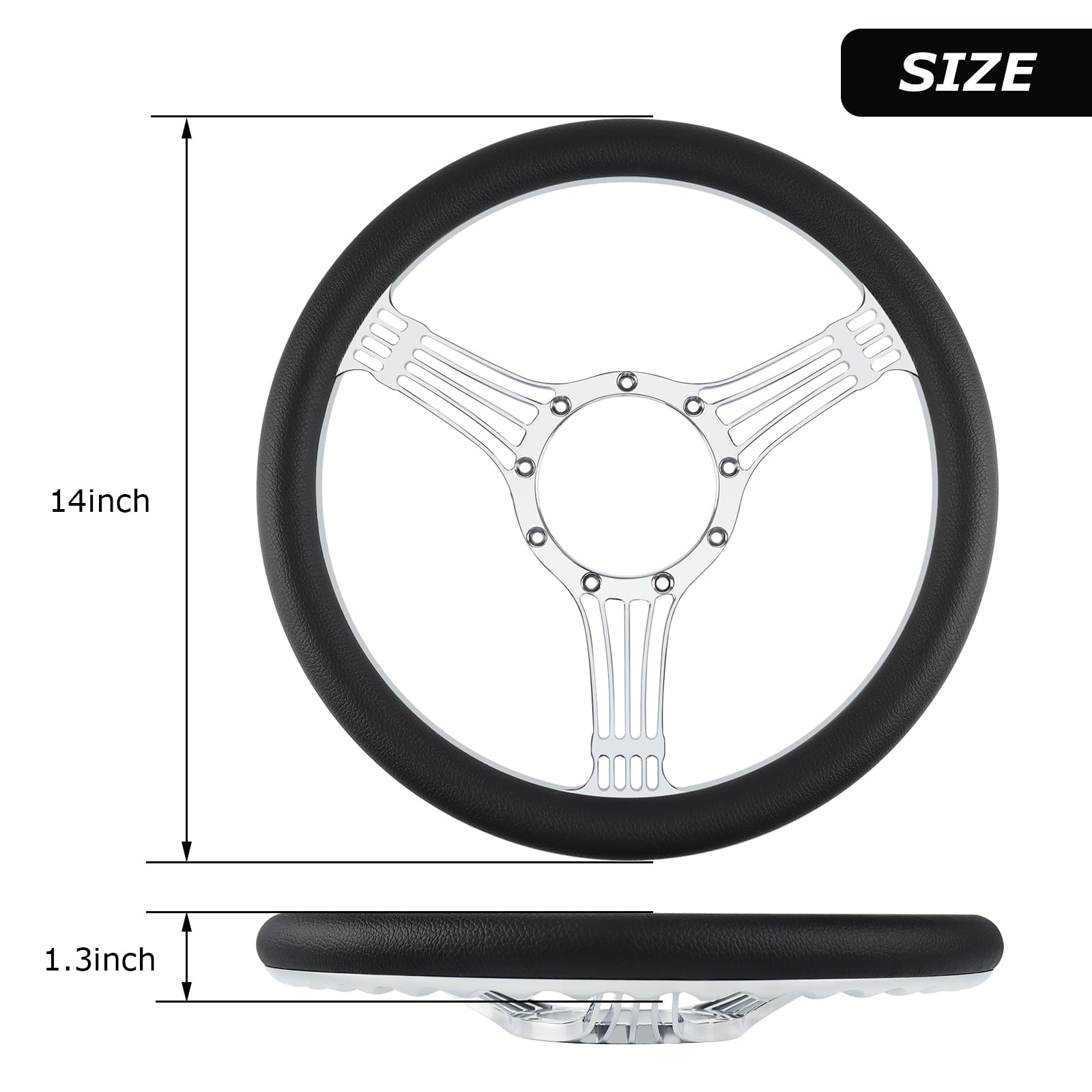 QYMOPAY 9 Bolt Disc Steering Wheel, 14'''' Leather billet steering wheel, fits most 1967-94 9 hole Car Steering Wheels