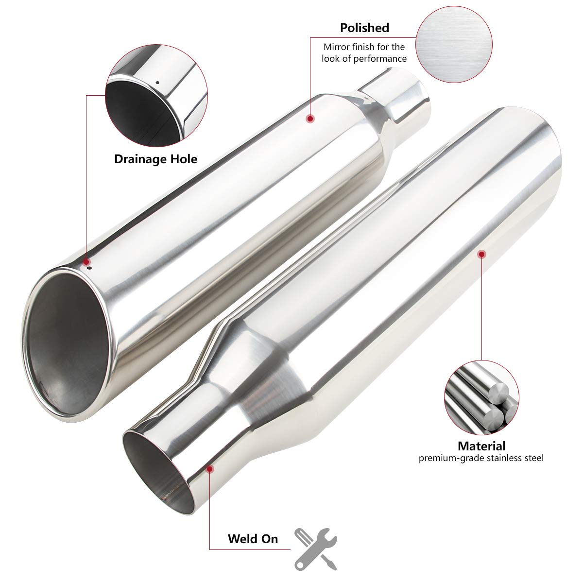 Lcgp 2 Pcs 2.5' Inlet Exhaust Tips,2.5' Inlet X 4' Outlet X 17' Overall Length, Weld On, Polished, Universal Stainless Steel Diesel Exhaust Tailpipe