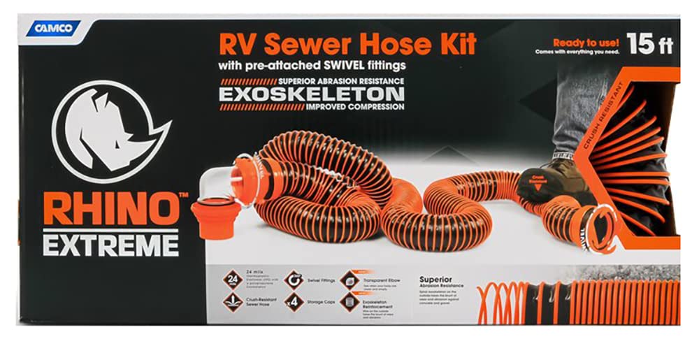 Camco Manufacturing 39861: Rhinoextreme 15' Sewer Hose Kit W/Swivel Fit, 4-N-1, Elbow, Caps