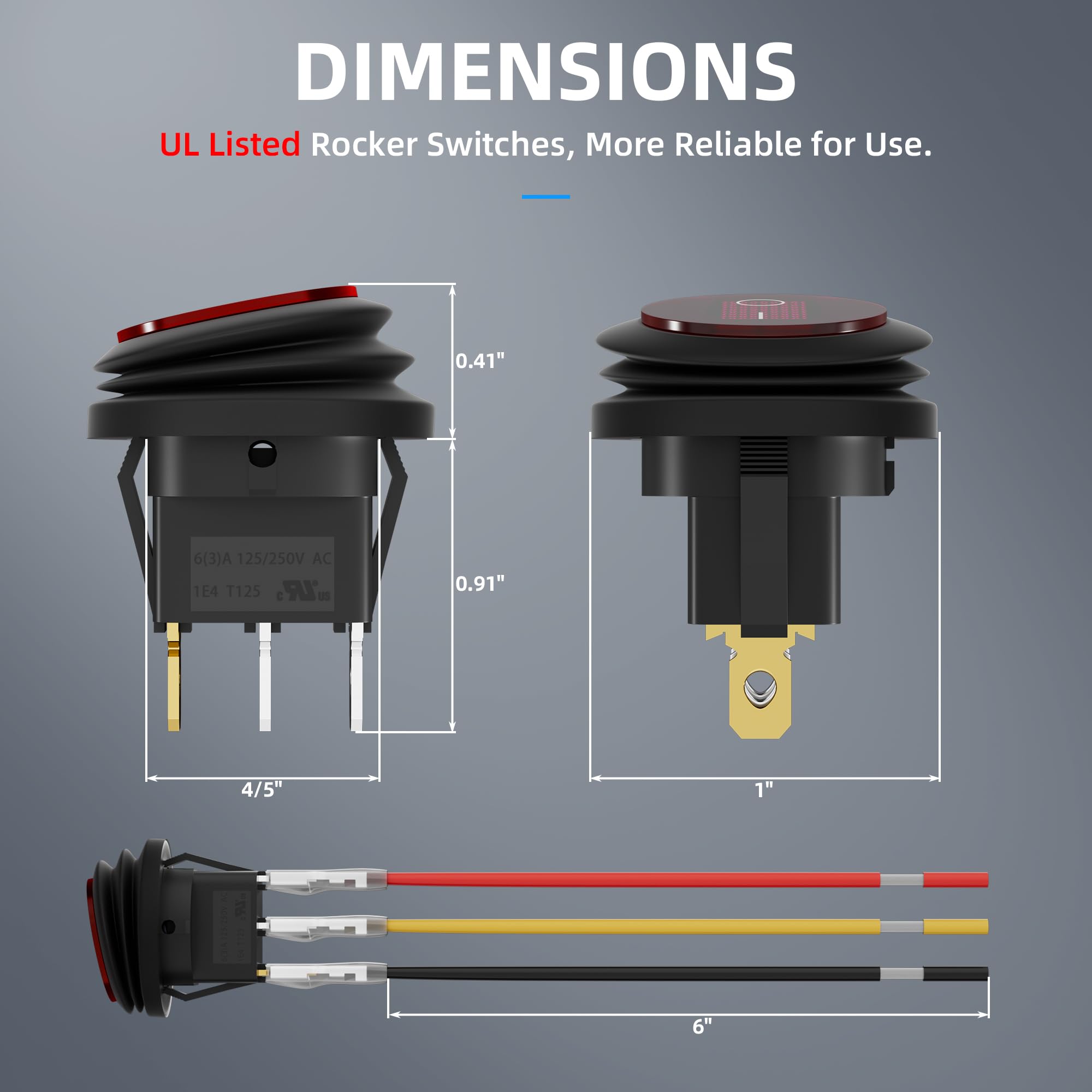 Daiertek Rocker Switch 12V 20A Waterproof Marine Round Rocker Switch Red Led Lighted [Ul Listed] On Off Toggle Switch 3 Pin Spst