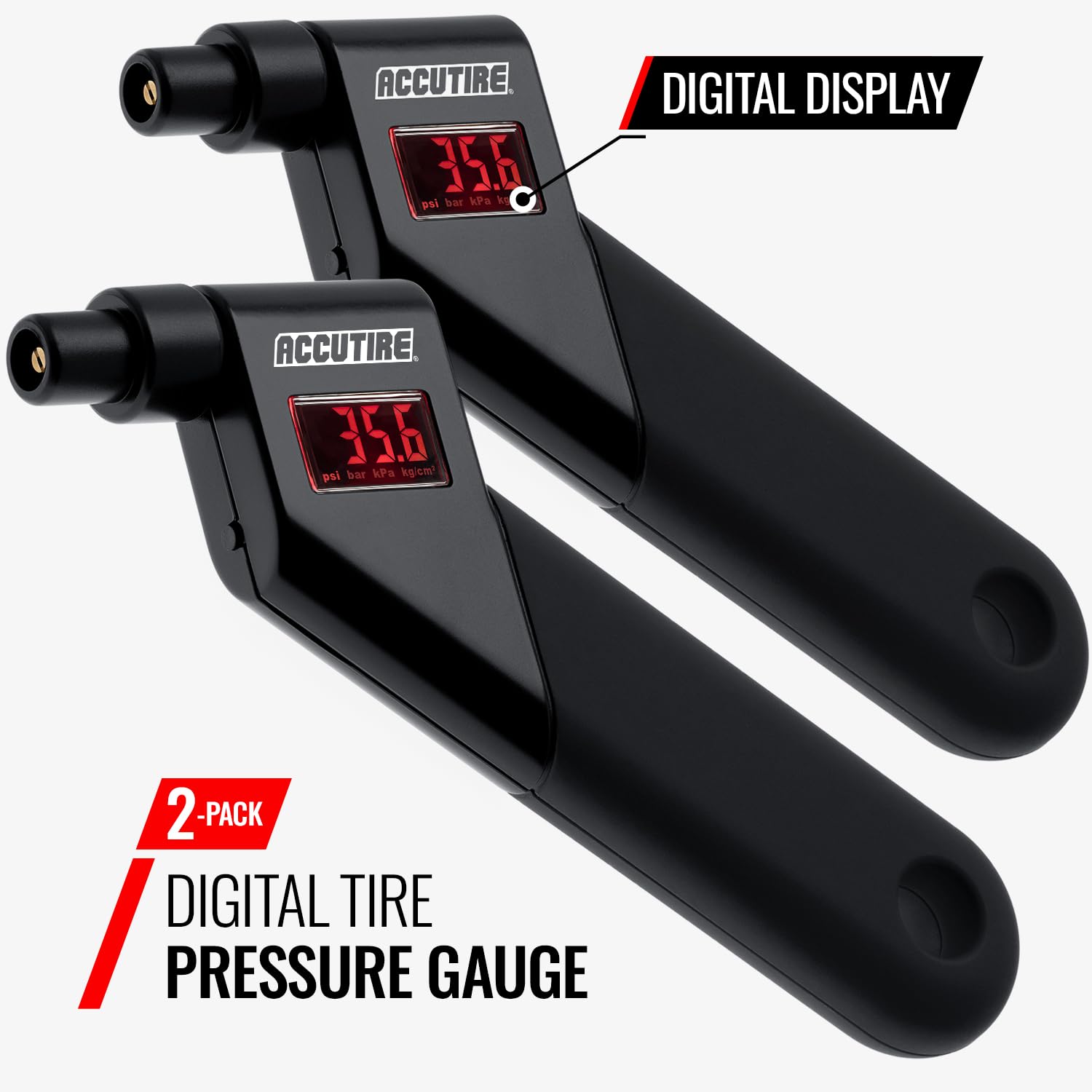 Accutire MS-4021B Digital Tire Pressure Gauge (2-Pack) with 4 Valve Caps, 5-150psi (psi, bar, kPa, kg/cm2) (2 Black Units)