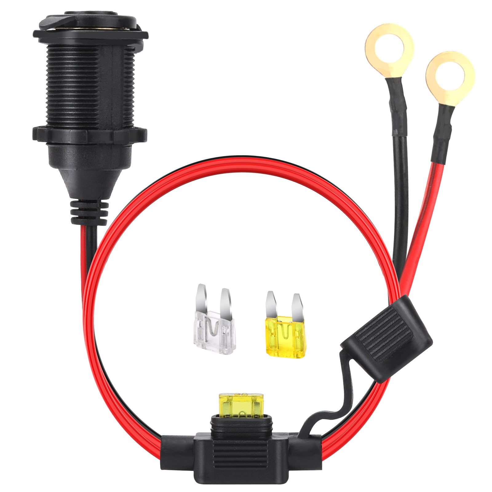 Dongge 2Ft 12V/24V Fixed Thread Cigarette Lighter Socket Extension Cable With Perforated Terminal Direct Battery Type Car Cigare